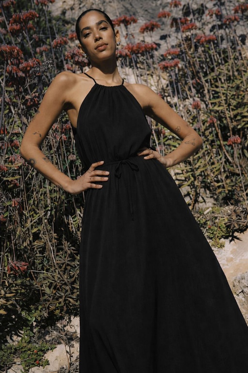 BLACK SLIP DRESS WITH TIE WAIST