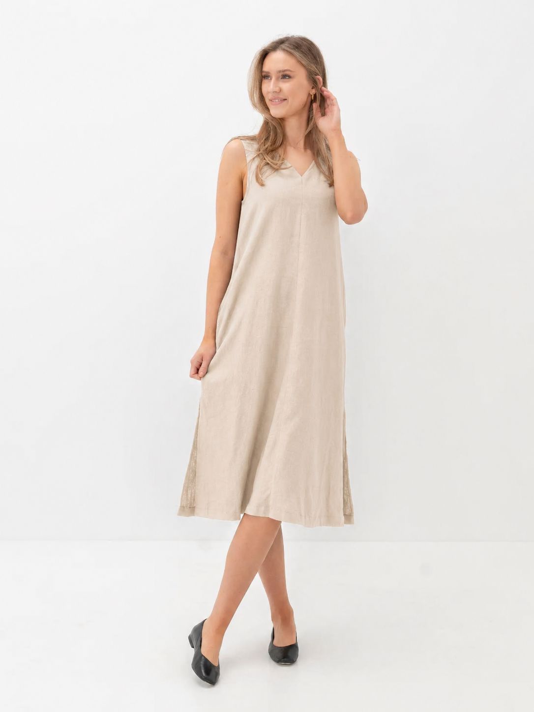 LINEN V-NECK DRESS (BEIGE) Dress B YOUNG
