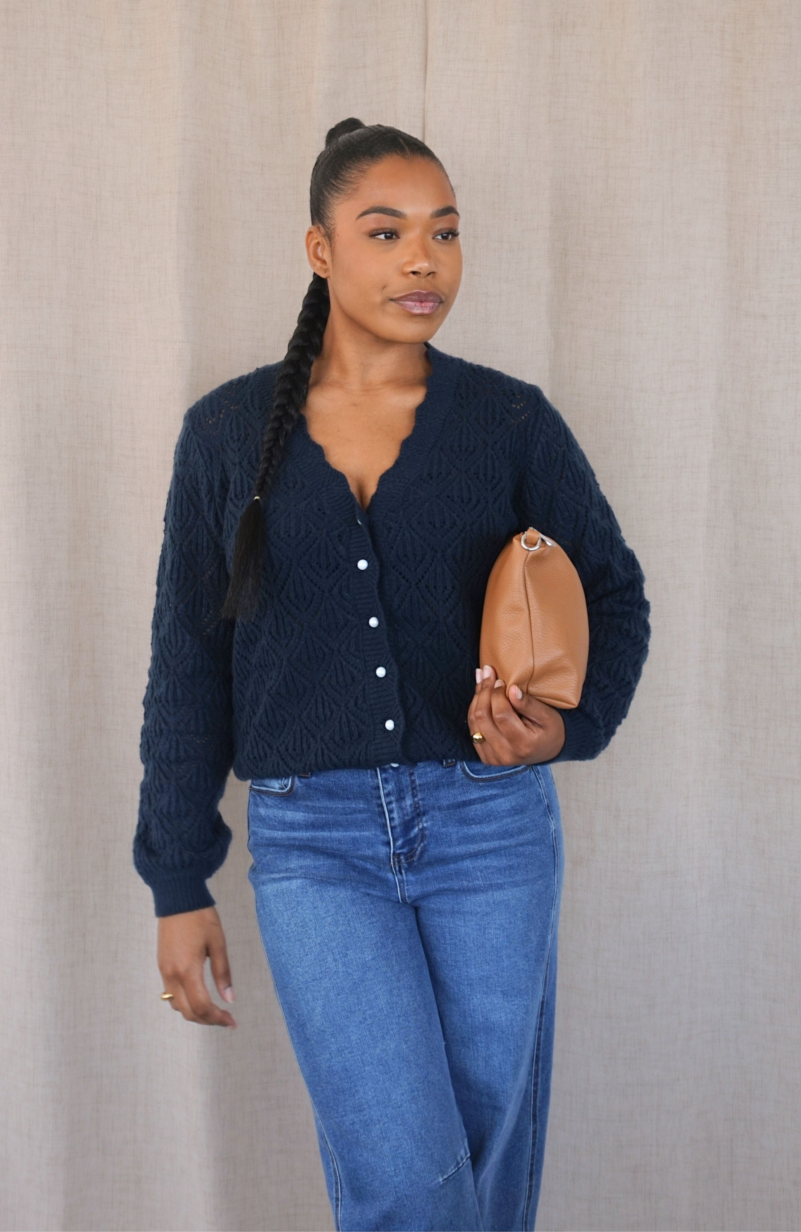 NAVY POINTELLE CARDIGAN
