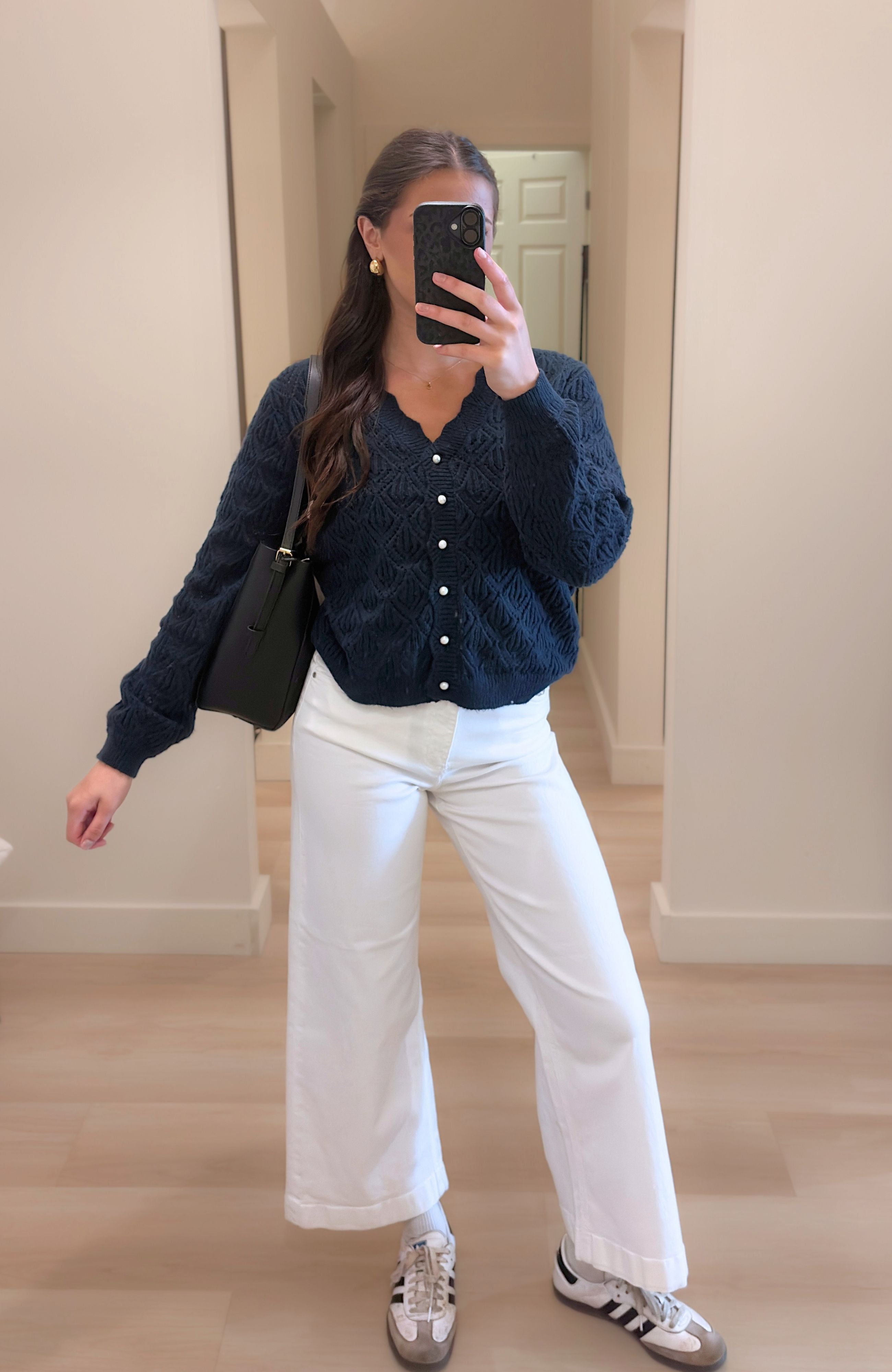 NAVY POINTELLE CARDIGAN