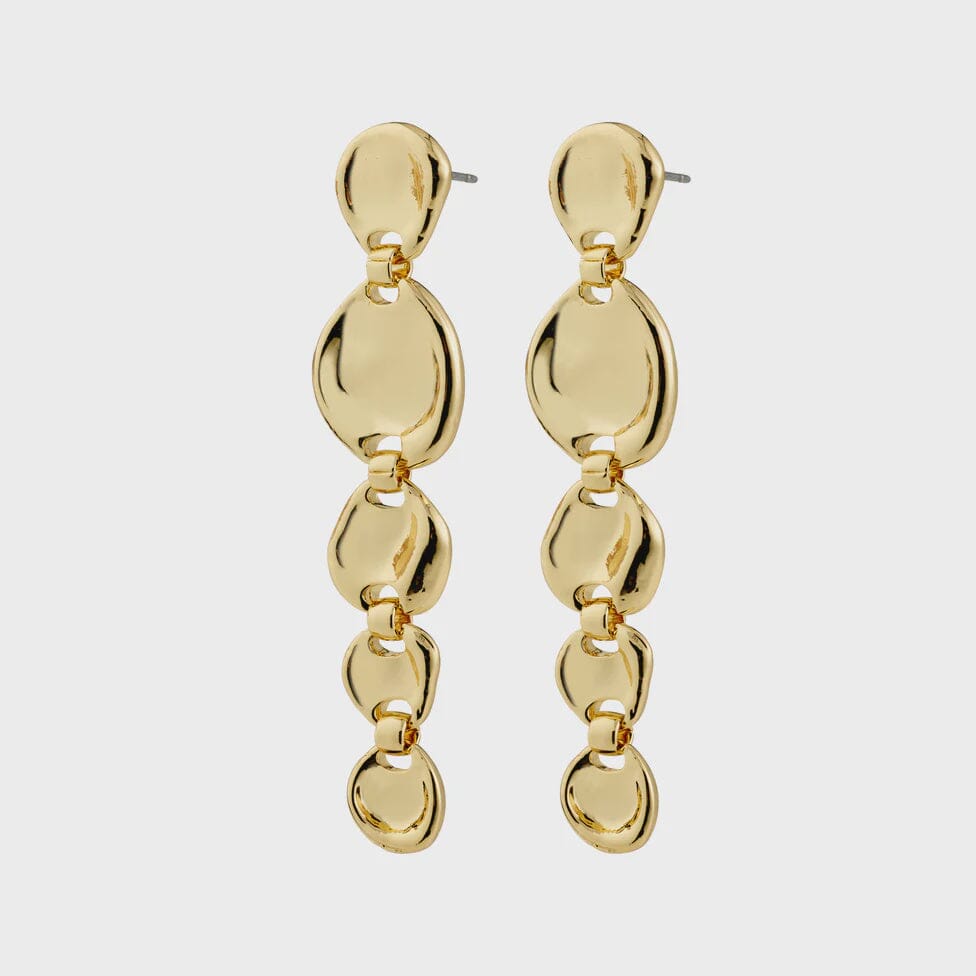 culptural gold jewelry, shiny gold dangle earrings, modern gold accessories