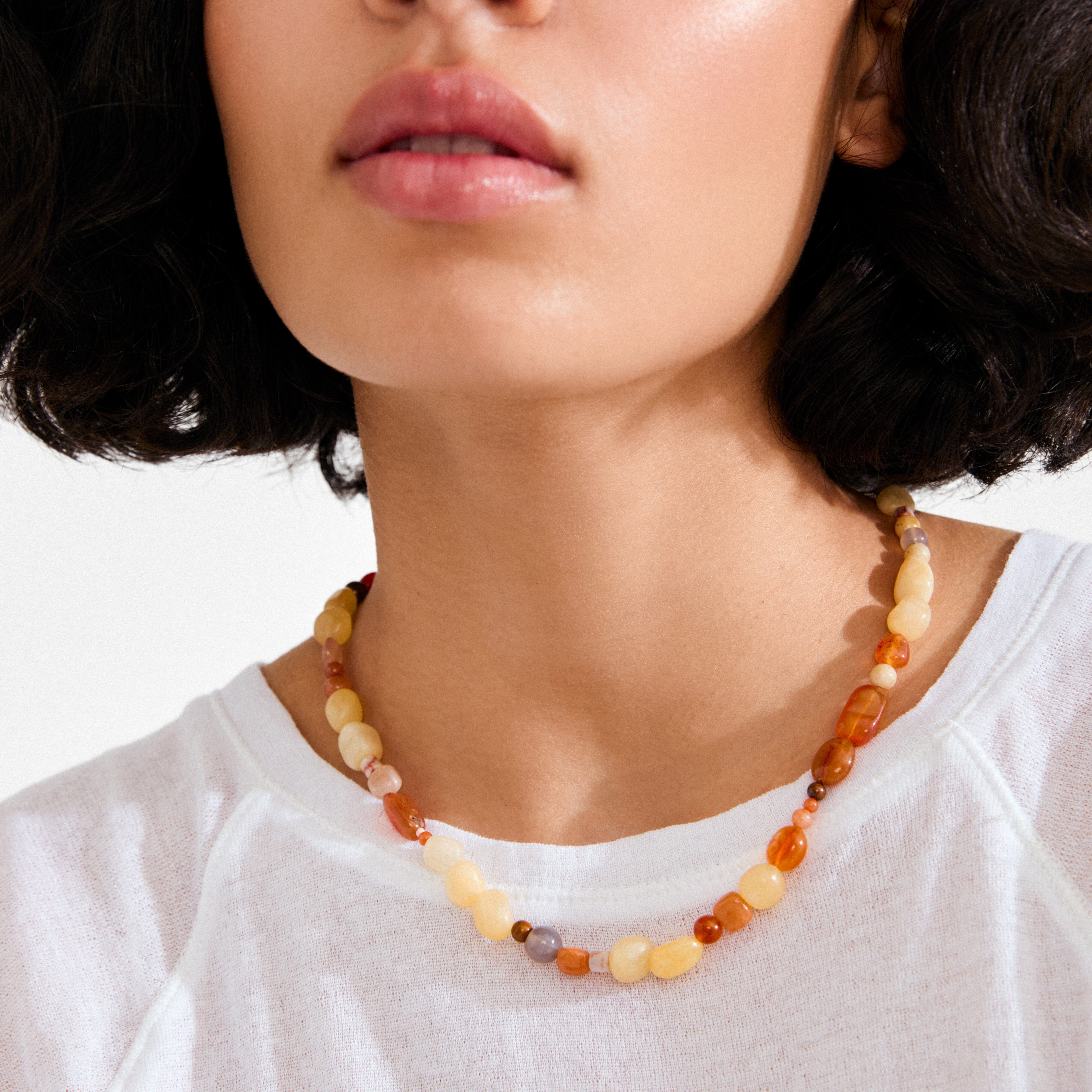 layering necklace silver plated, natural stone look necklace, modern beaded necklace