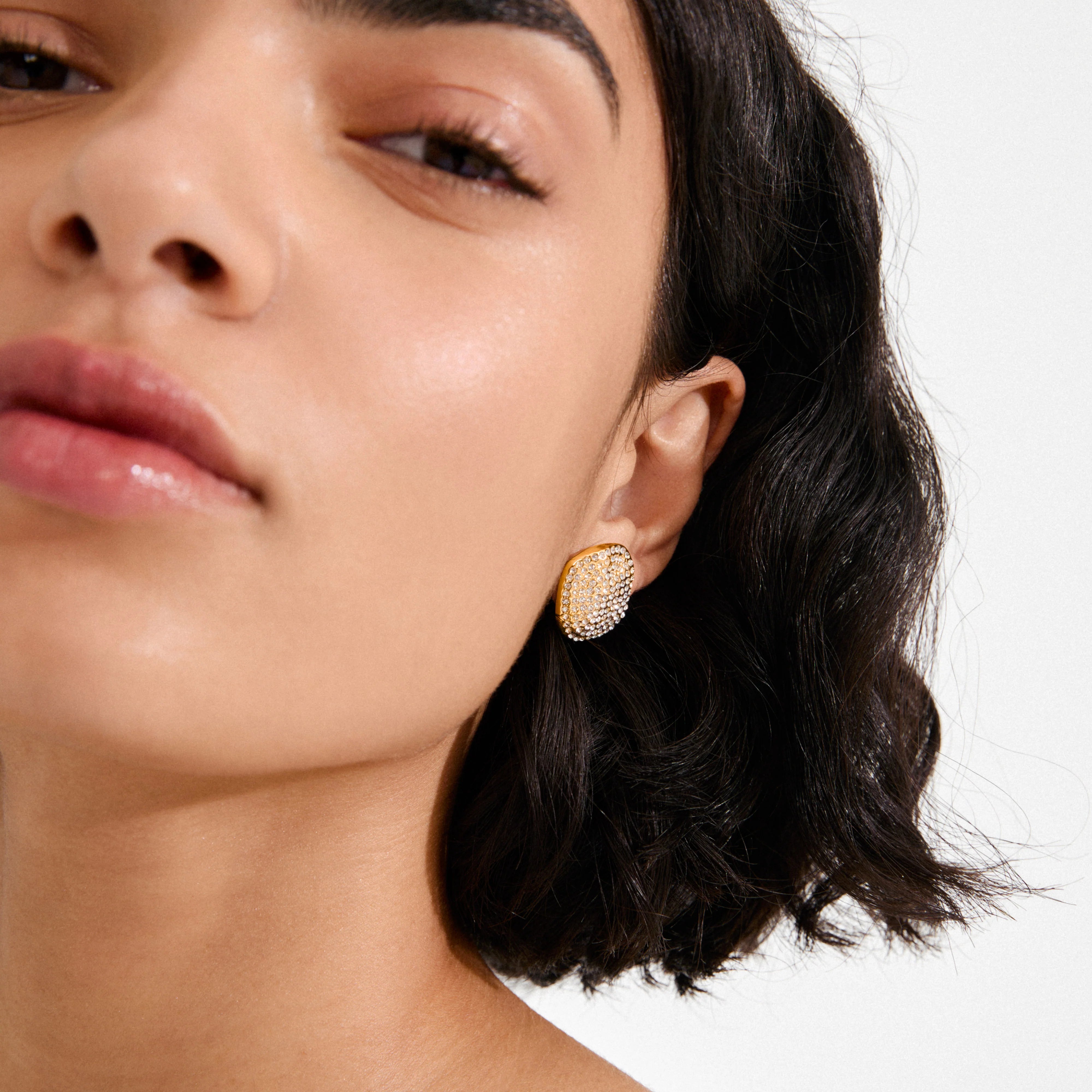 premium gold plated studs, gold jewelry essential earrings, bold gold crystal earrings, sustainable gold plated jewelry, rectangular