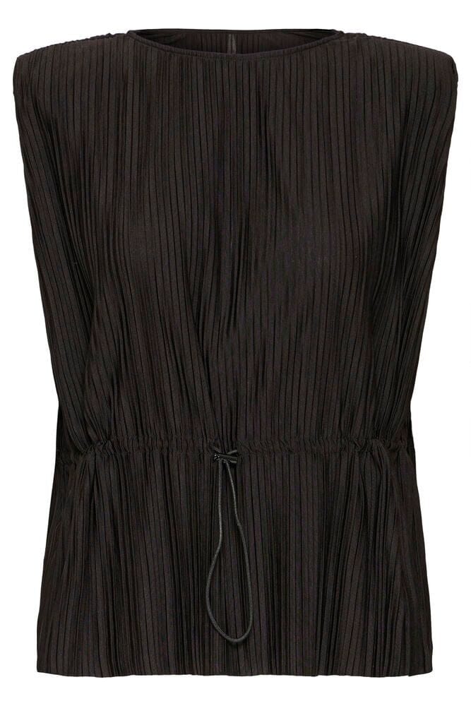 BLACK DRAWSTRING BLOUSE, ICHI, black drawstring blouse women, sleeveless black blouse women, pleated black top women