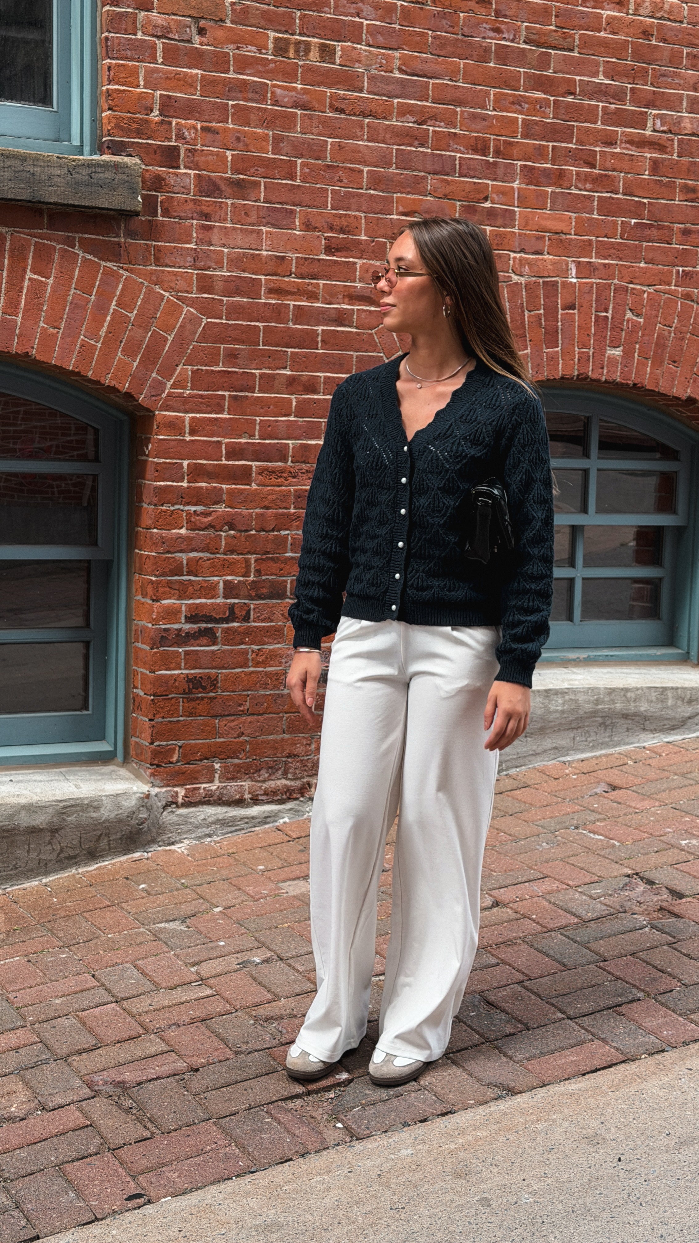 NAVY POINTELLE CARDIGAN