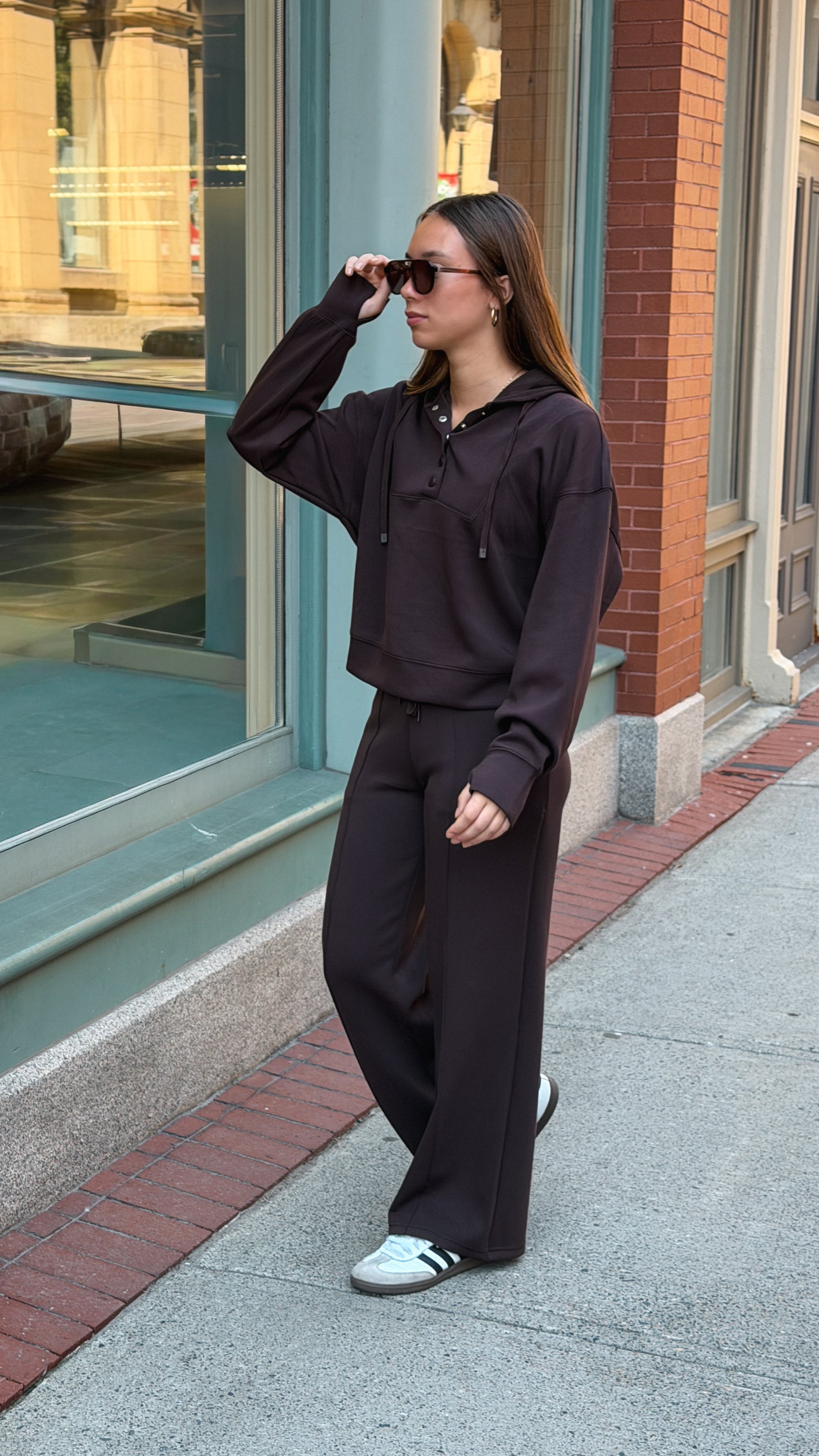 SOFT KNIT SNAP HOODIE- BROWN
