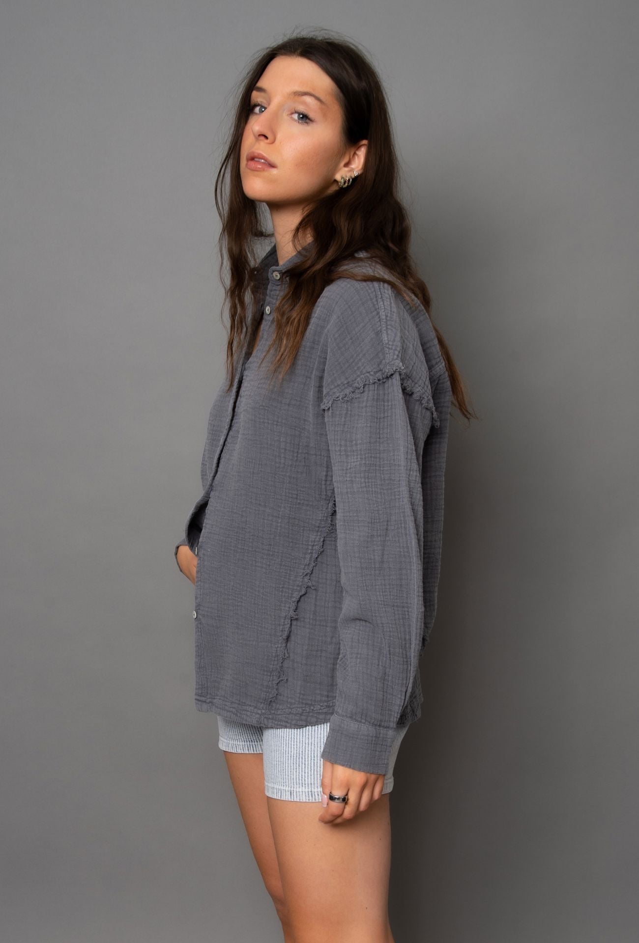 grey button down shirt, cotton gauze blouse