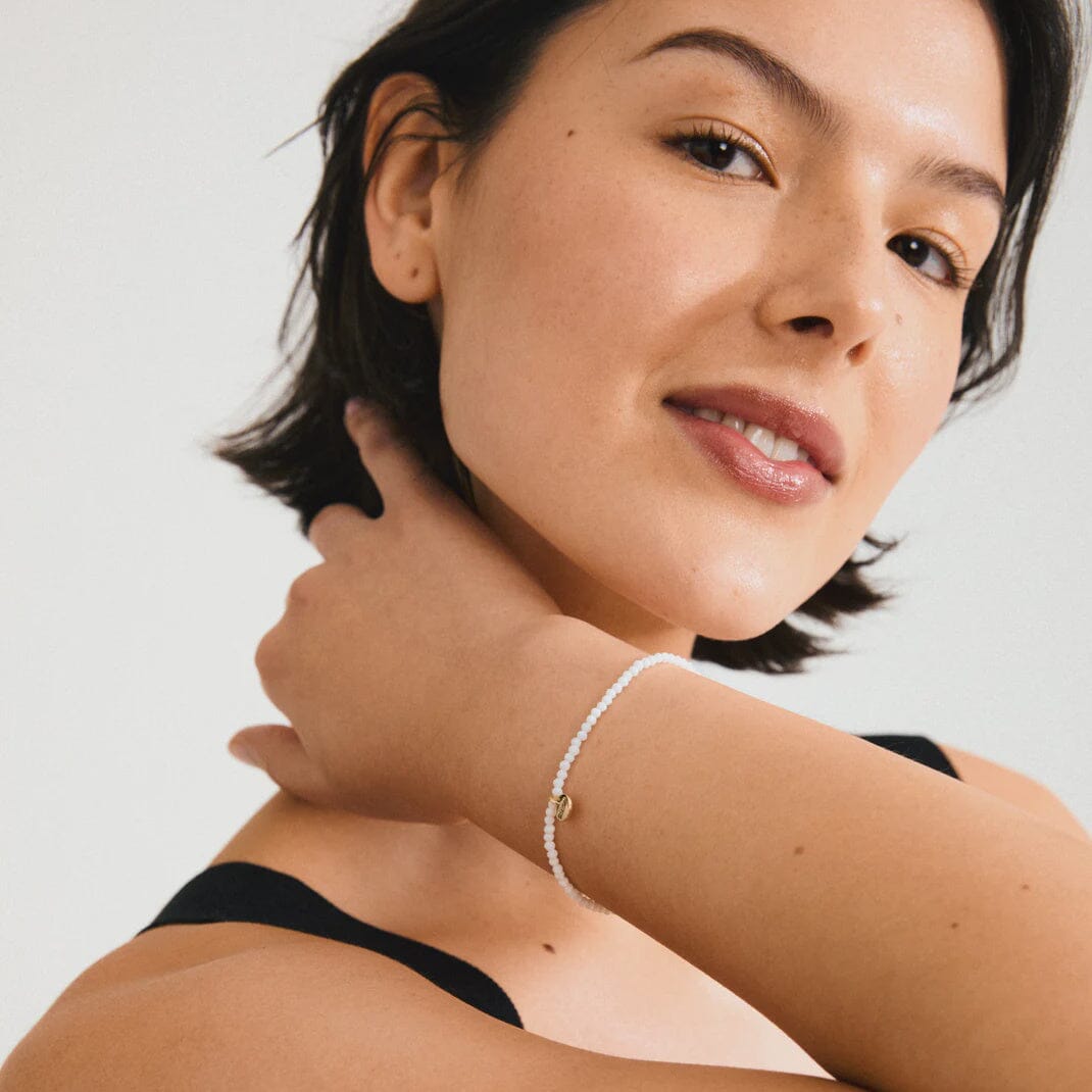 INDIE BRACELET, PILGRIM, white beaded bracelet, gold charm bracelet, minimalist gold bracelet, neutral beaded jewelry, gold plated bracelet, modern white bracelet