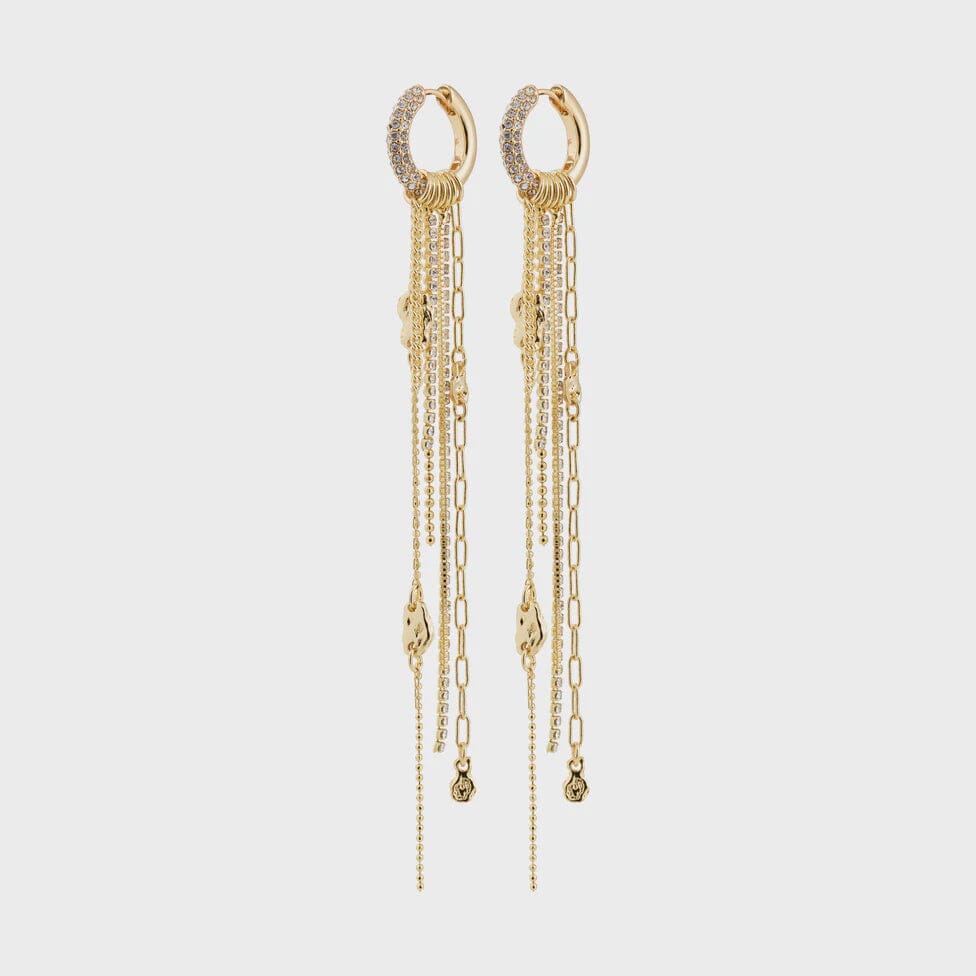 DRUE HOOPS WITH CRYSTAL CHAINS, PILGRIM, gold chain drop earrings, crystal hoop earrings, statement gold earrings