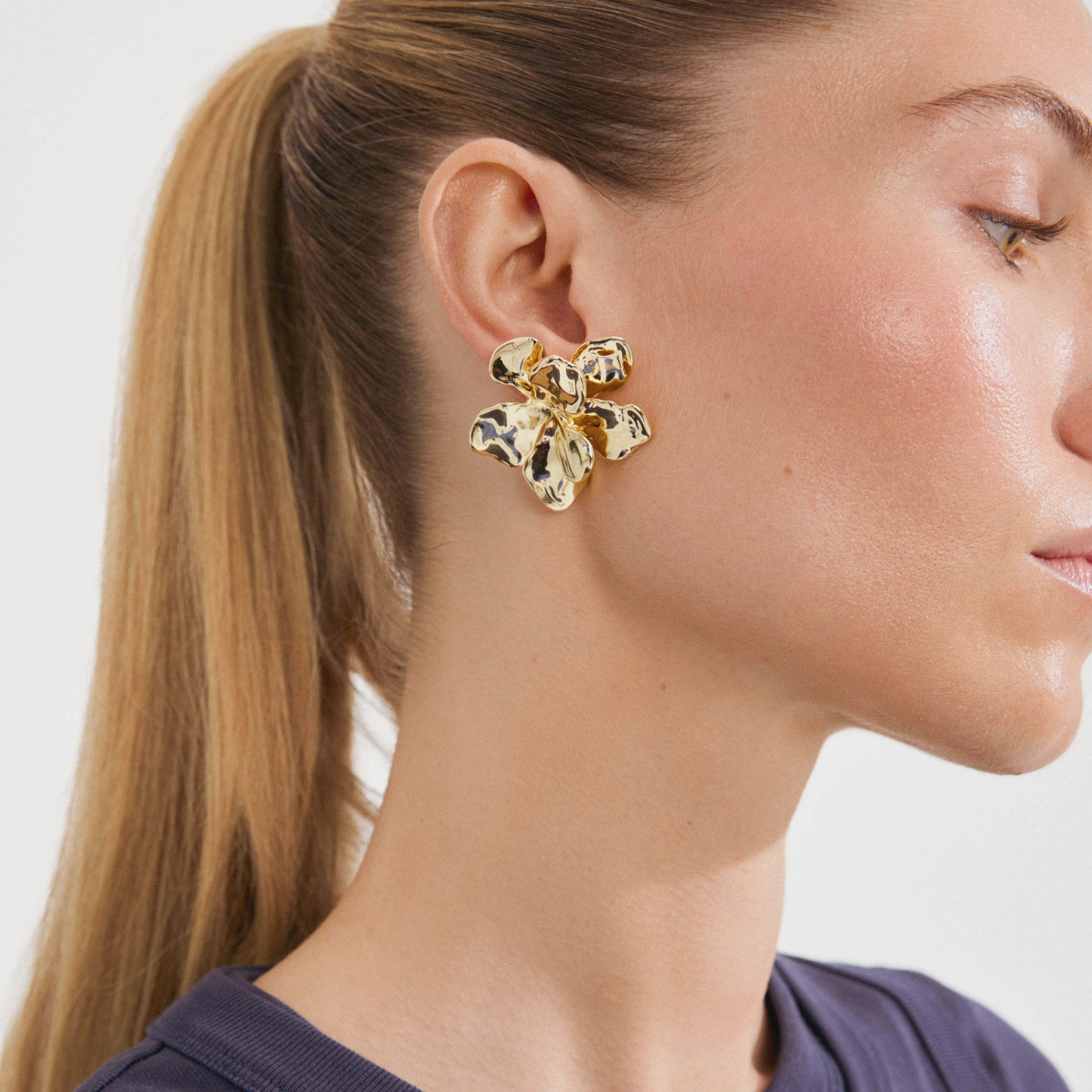 PILGRIM, gold plated flower earrings, sculptural gold earrings, statement flower earrings women