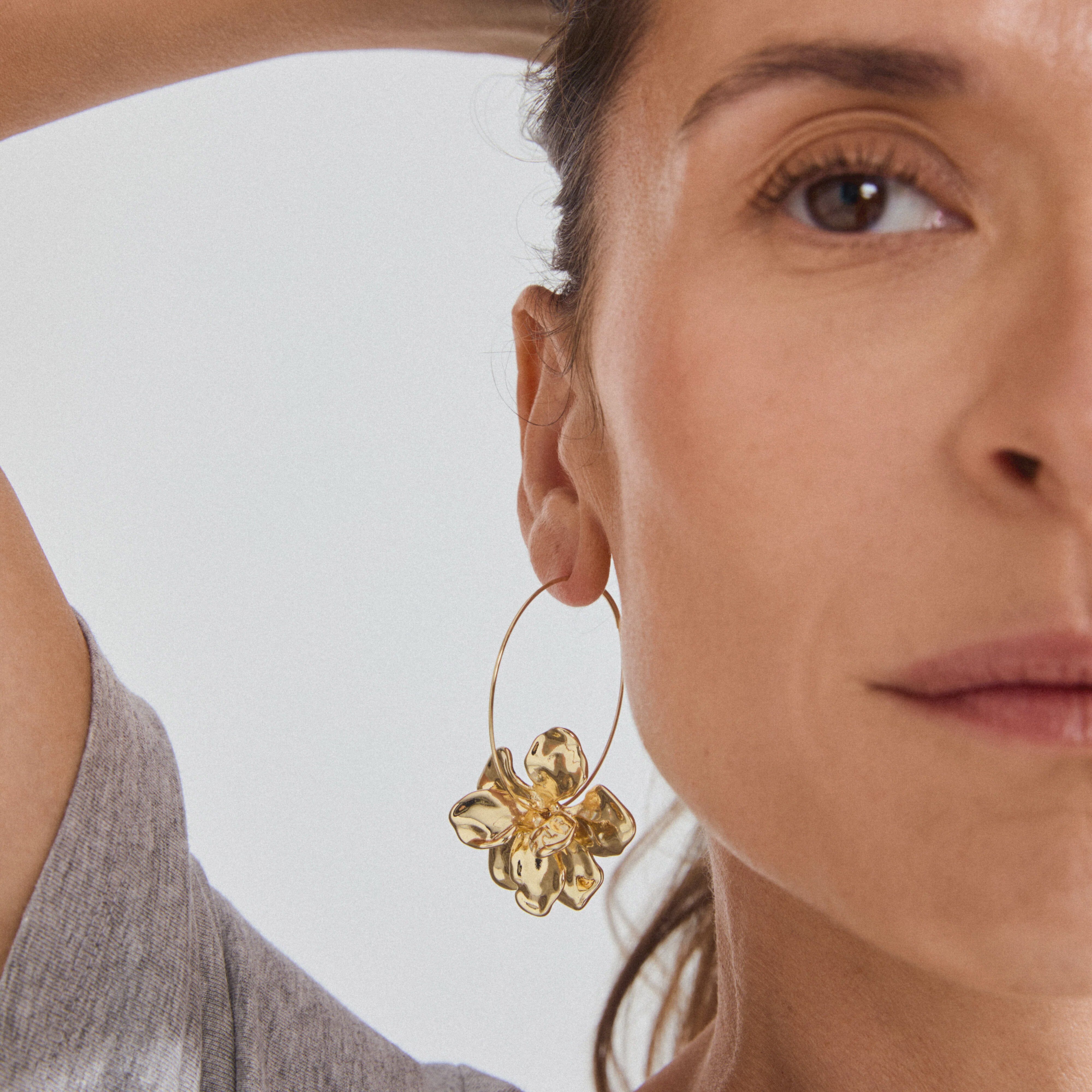 PILGRIM, PILGRIM EARRINGS, gold flower earrings, gold plated hoop earrings, floral statement earrings, sculptural gold earrings