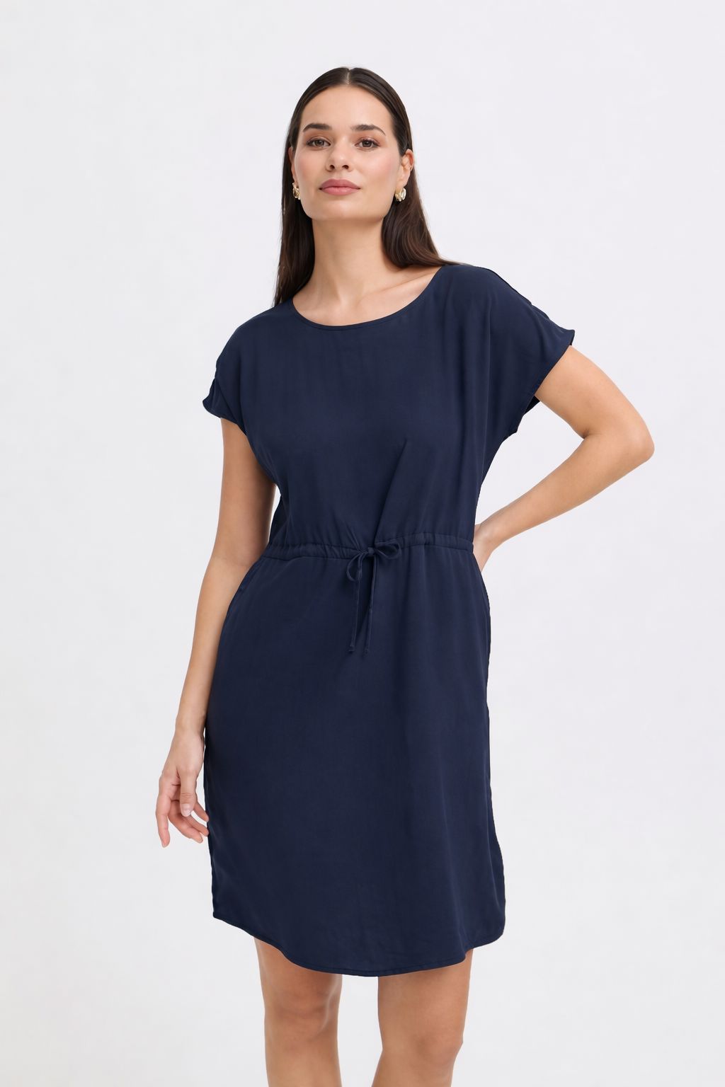 TIE WAIST SHORT SLEEVE DRESS (NAVY)