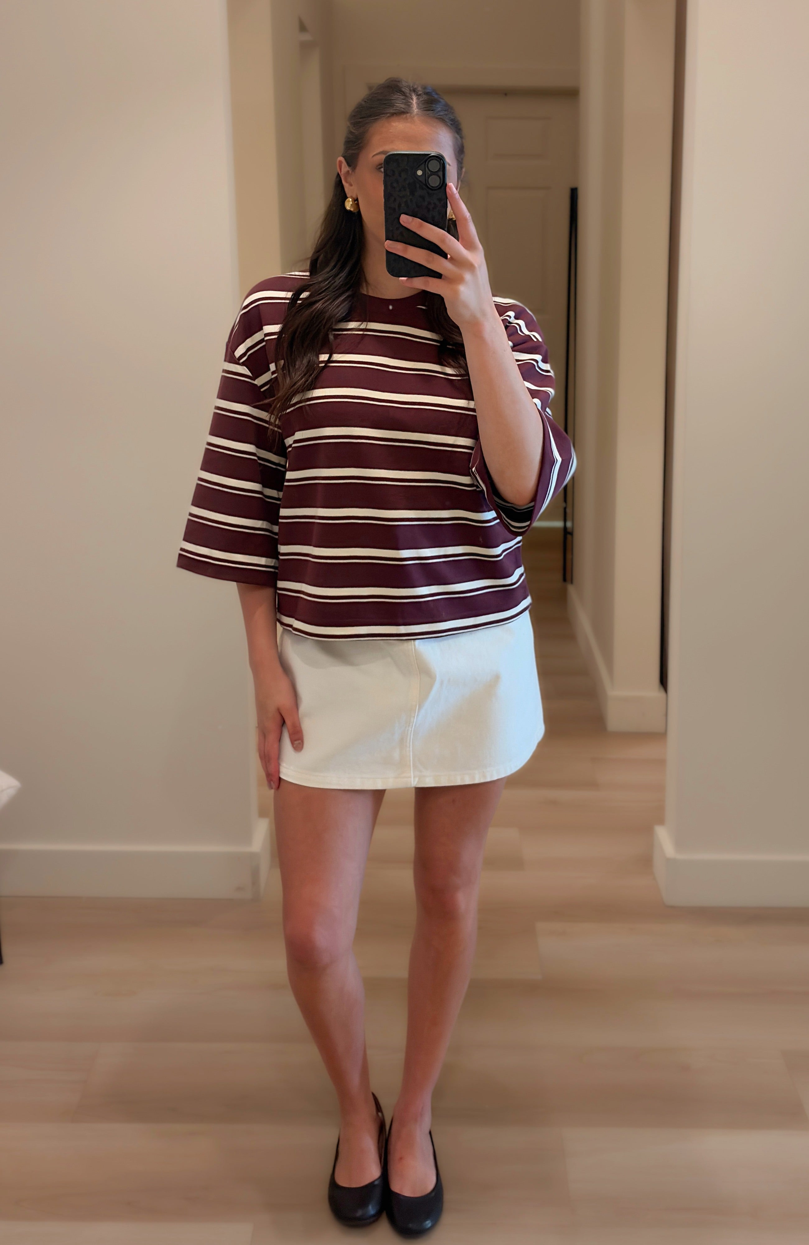 Burgundy and white striped tee