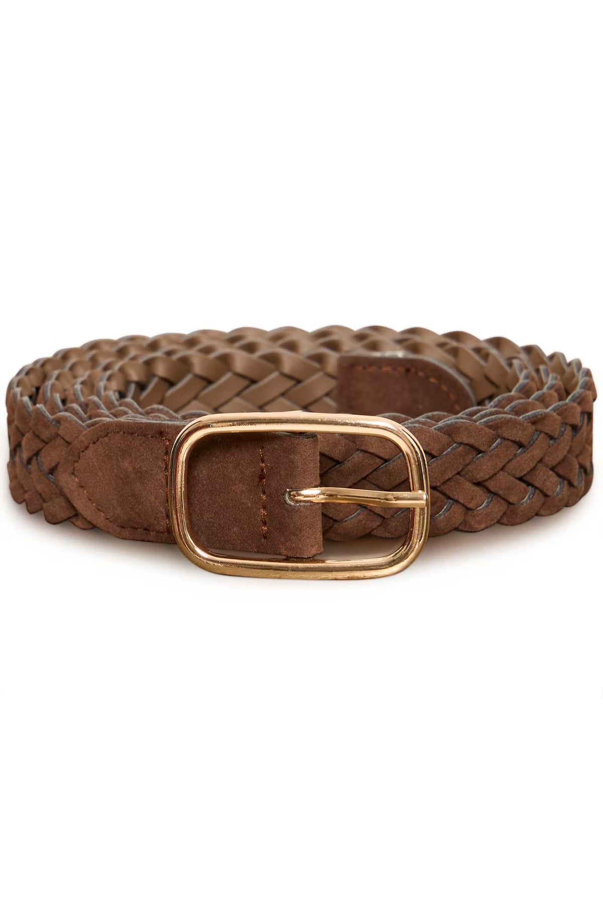 BROWN BRAIDED BELT WITH GOLD BUCKLE