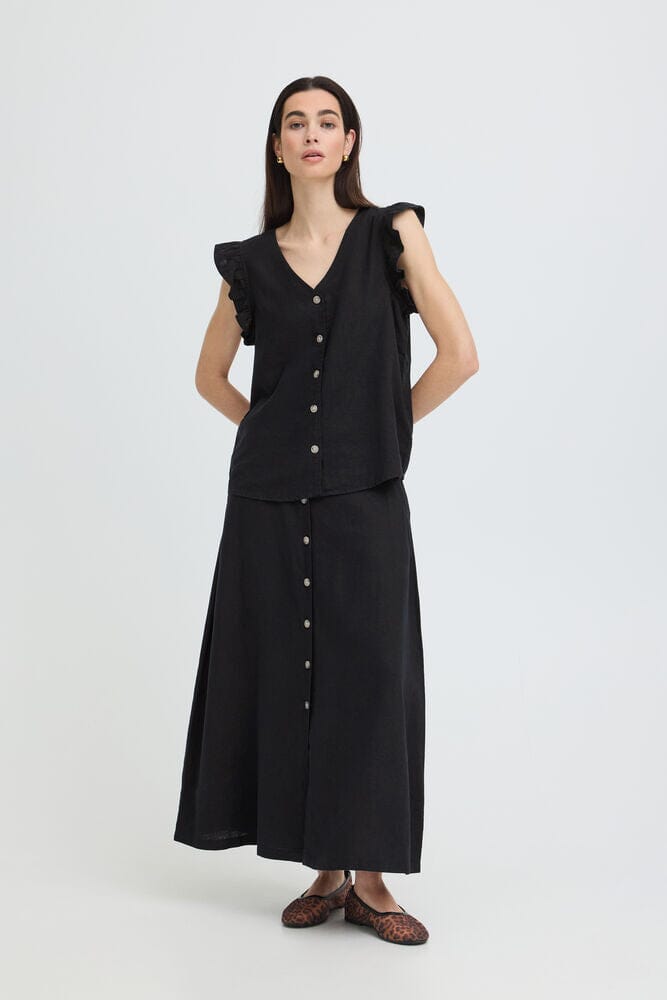 lightweight summer skirt women, black vacation skirt outfit, womens linen blend skirt, chic black midi skirt