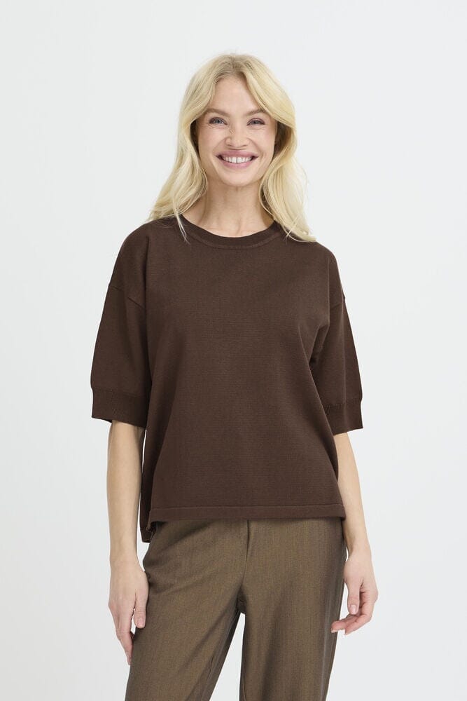 brown knit top women, java knit top womens, lightweight knit shirt women, relaxed fit knit top