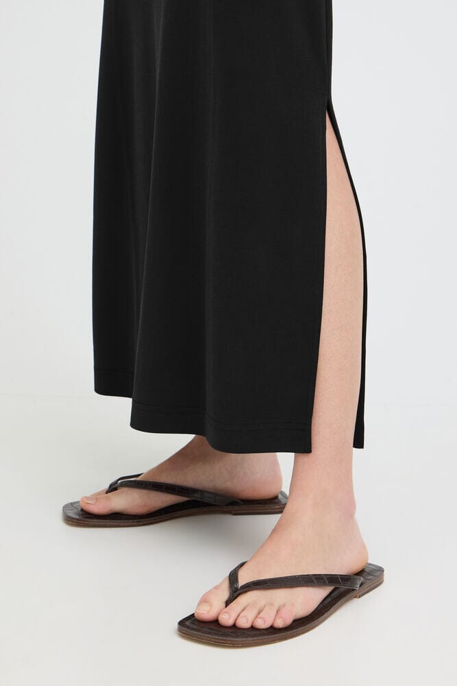 neutral capsule wardrobe dress, sleek black slip midi dress, LORDON classic black slip dress