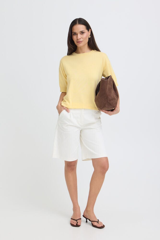 casual knit top women, short sleeve knit top, summer knit top women, pastel yellow top outfit