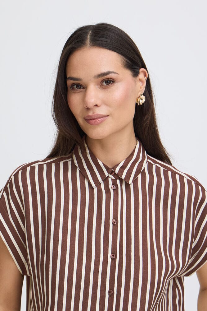 polished casual womens clothing, lightweight button front shirt, coffee brown stripe shirt women