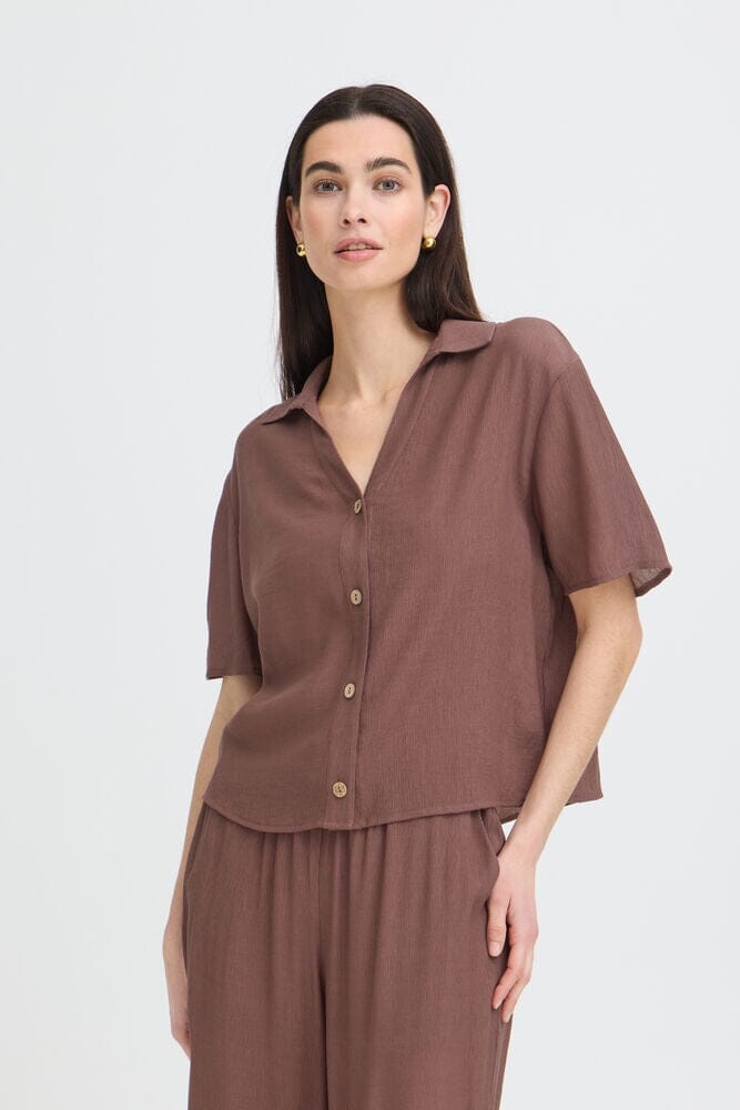 brown button up blouse women, french roast blouse women, lightweight brown shirt womens
