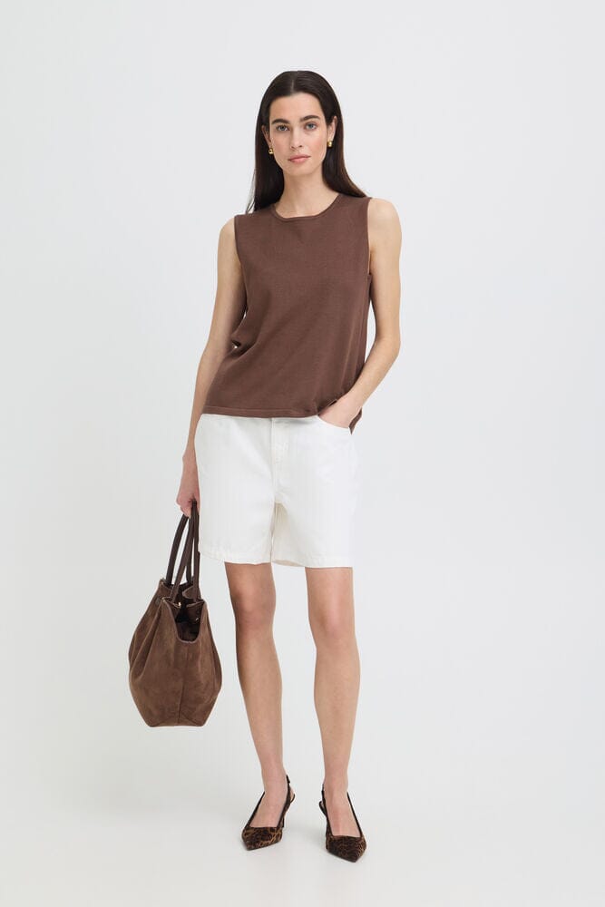 chocolate tank top outfit, minimalist brown top women, chic sleeveless blouse brown, lightweight knit shell top