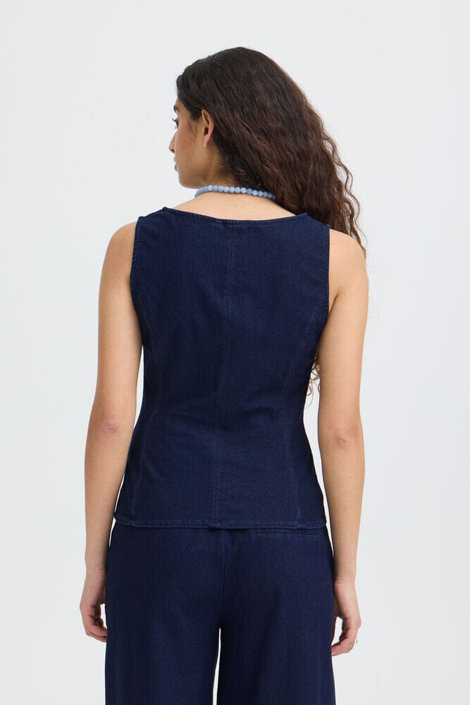 versatile denim top women, chic casual denim clothing, LORDON dark blue fitted denim top