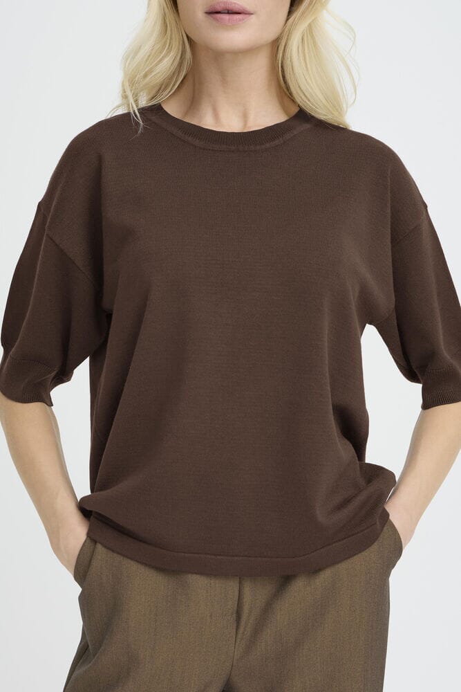 relaxed summer knit top, trendy brown sweater tee, polished casual womens clothing
