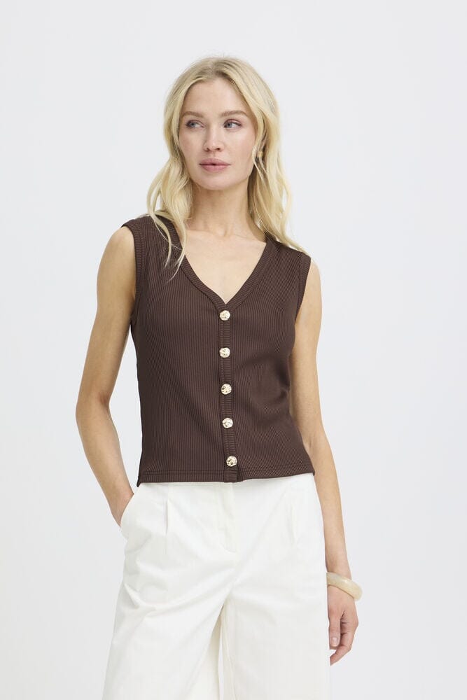 brown button vest women, java knit vest womens, ribbed sleeveless top women, fitted button down vest