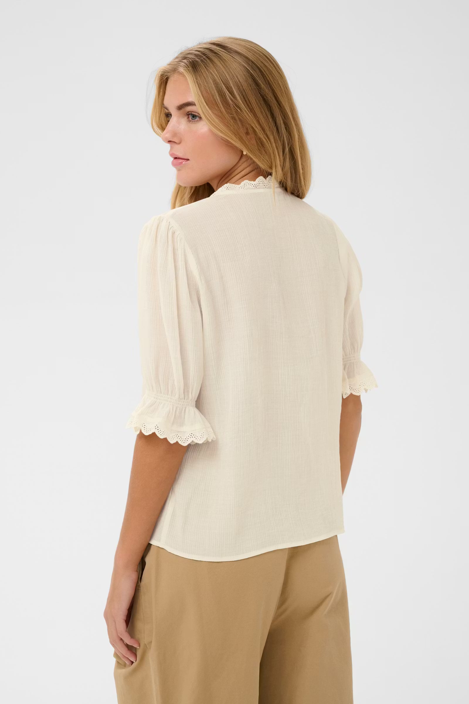 chic neutral top women, delicate detail blouse women, soft flowy blouse women, polished everyday blouse women