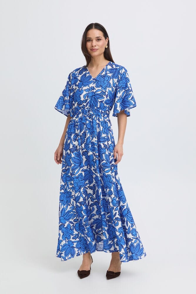 blue floral midi dress, summer floral dress women, blue printed midi dress, flowy floral dress