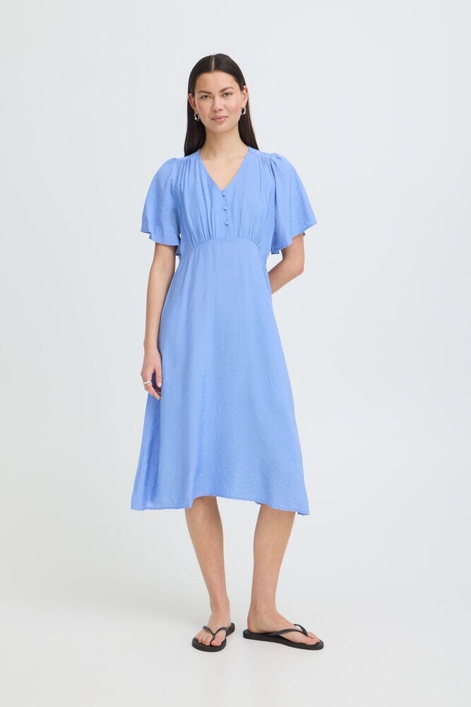 BLUE FLUTTER SLEEVE MIDI DRESS