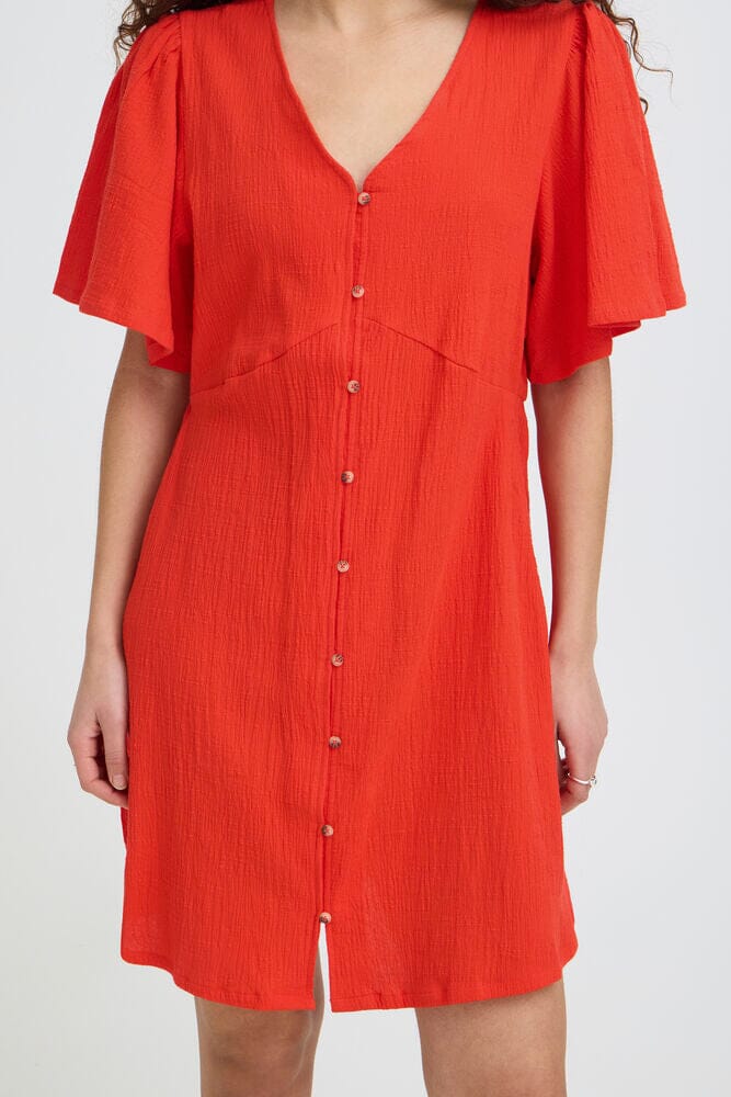 easy wear dress, bright summer outfit, flattering mini dress women, button detail dress, effortless style dress, spring summer mini dress, comfortable mini dress, red casual dress