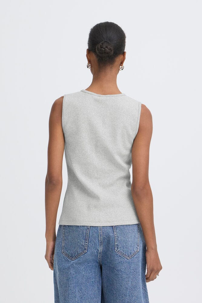 polished sleeveless blouse grey, minimal wardrobe staple top, classic grey tank women, elevated basics top grey