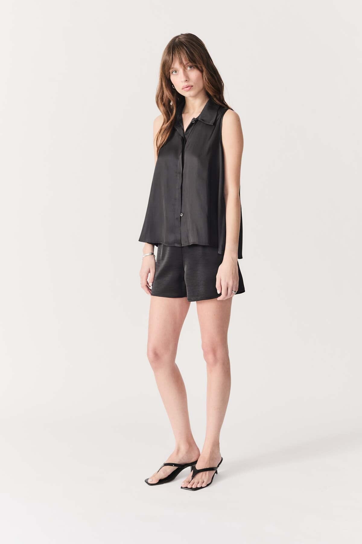 black silky shirt, sleeveless satin blouse