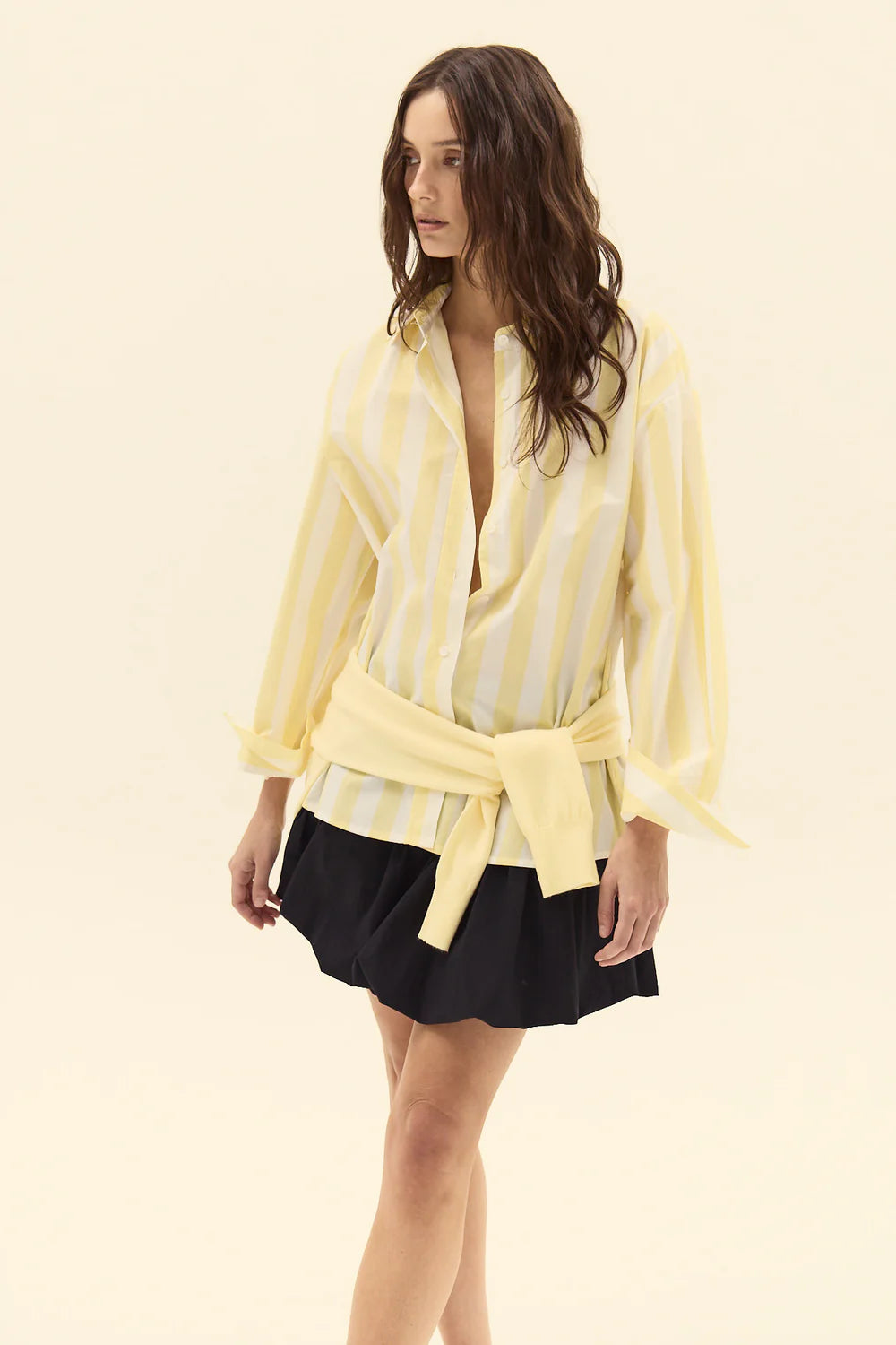 airy striped shirt women, trendy yellow top women, women spring capsule wardrobe shirt, modern striped blouse women, women long sleeve striped shirt, polished casual women top