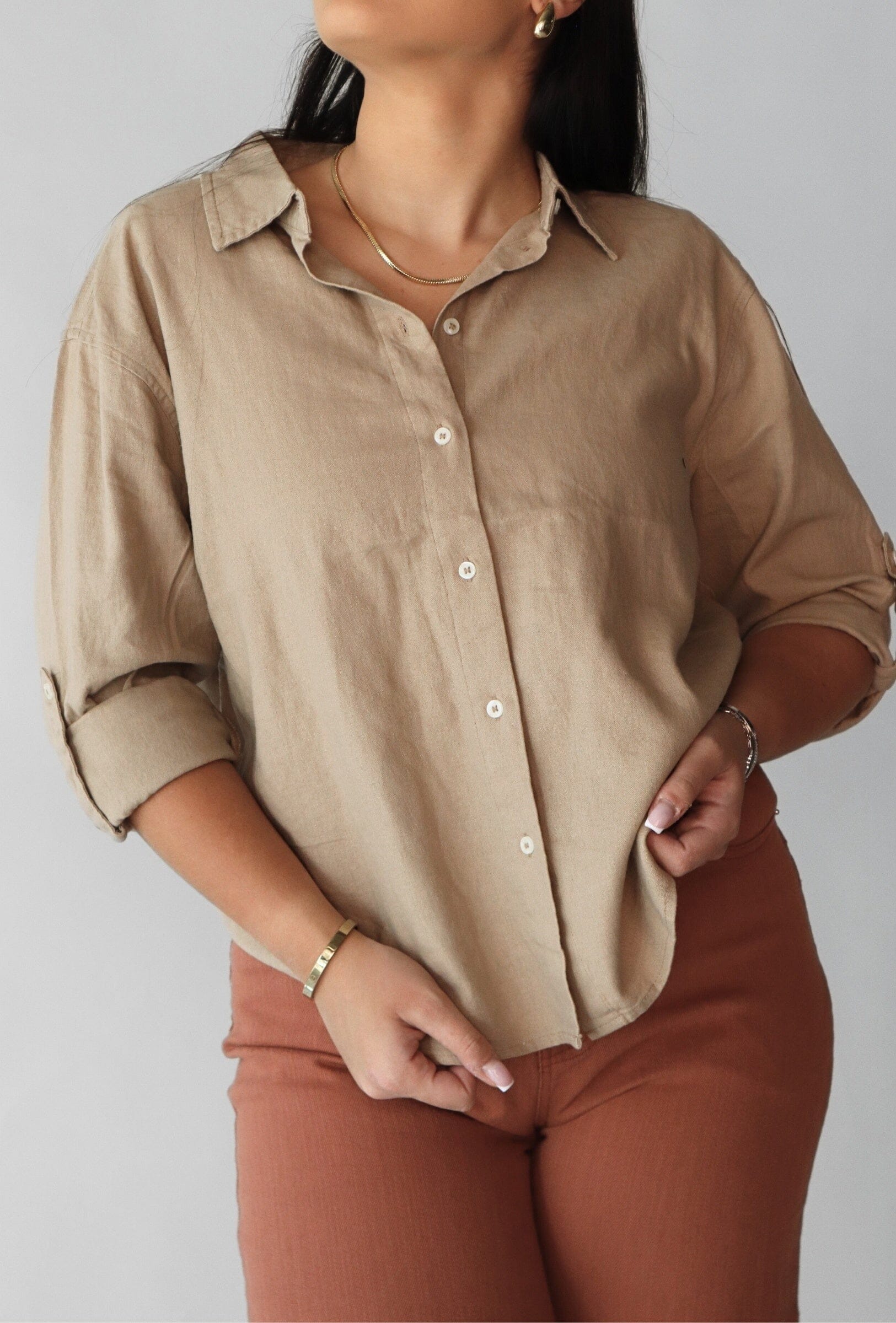 VIVER LINEN BLEND BUTTON DOWN (NATURAL) Top ICHI