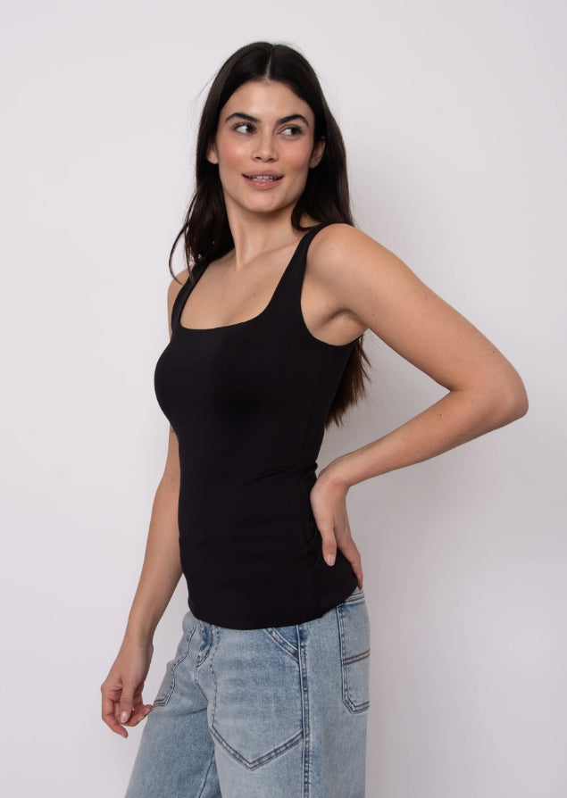 smooth stretch tank top women black, bra friendly tank top women black, wardrobe essential tank women black