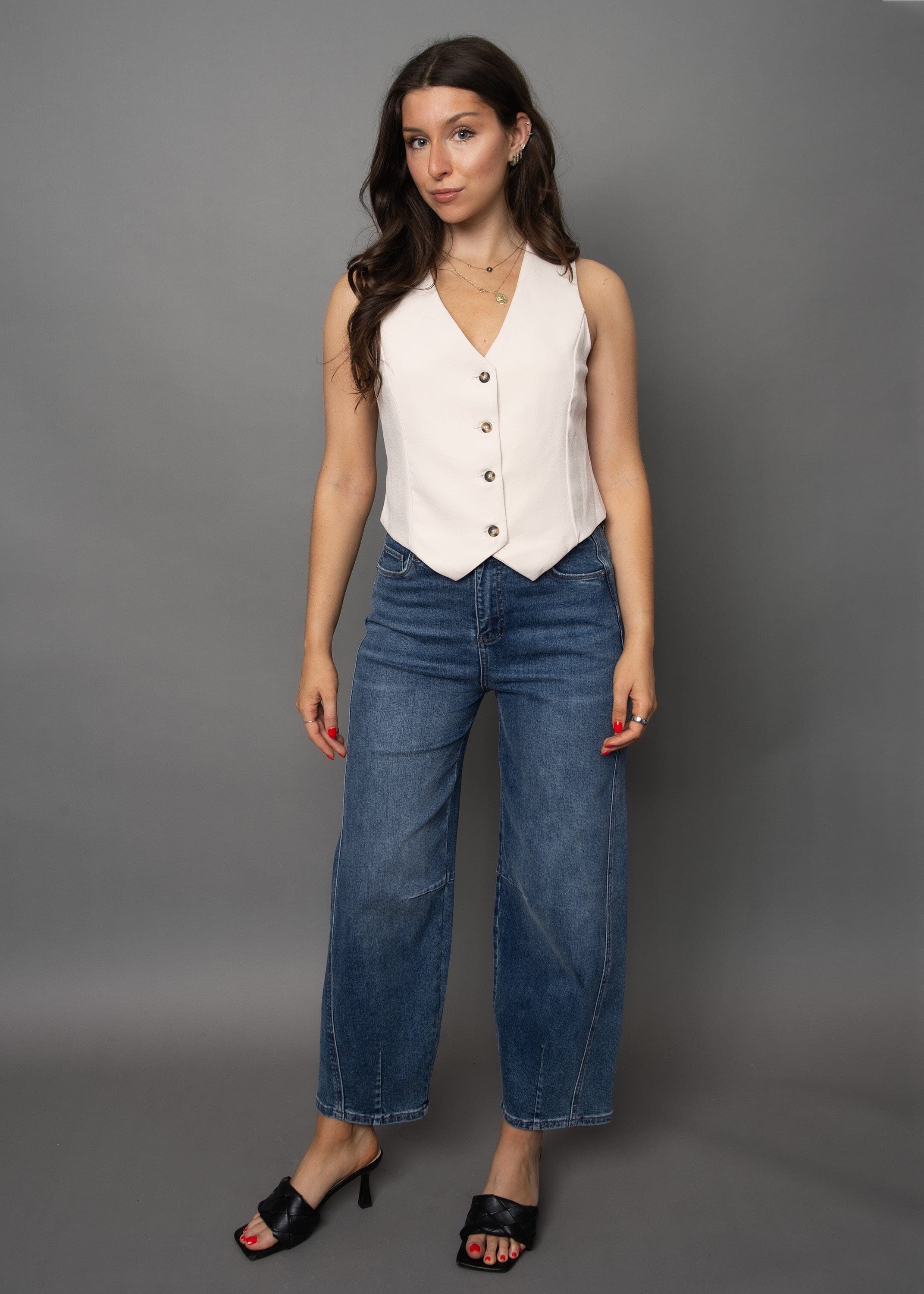 SILK BACK VEST, RD STYLE, women’s tailored vest, silk back button vest, sleeveless top vest style, modern layering vest