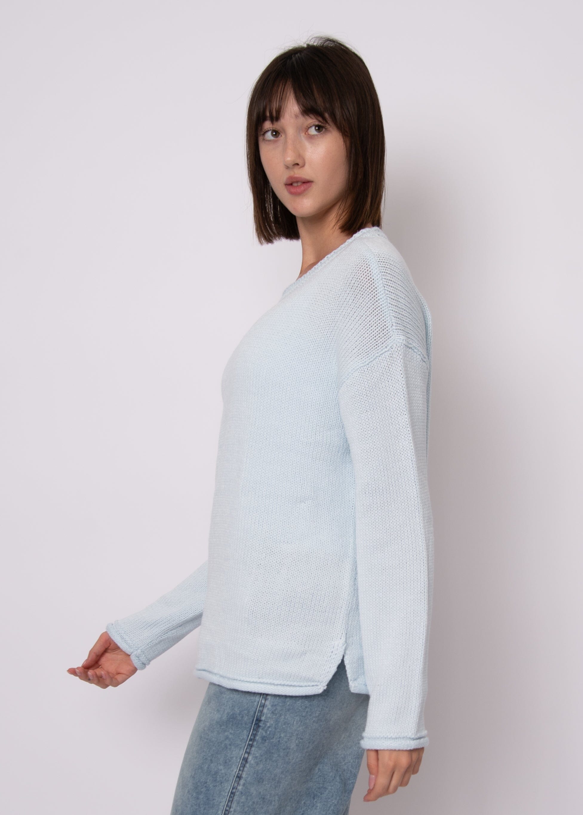 spring blue sweater outfit, soft blue capsule wardrobe knit, everyday light blue sweater