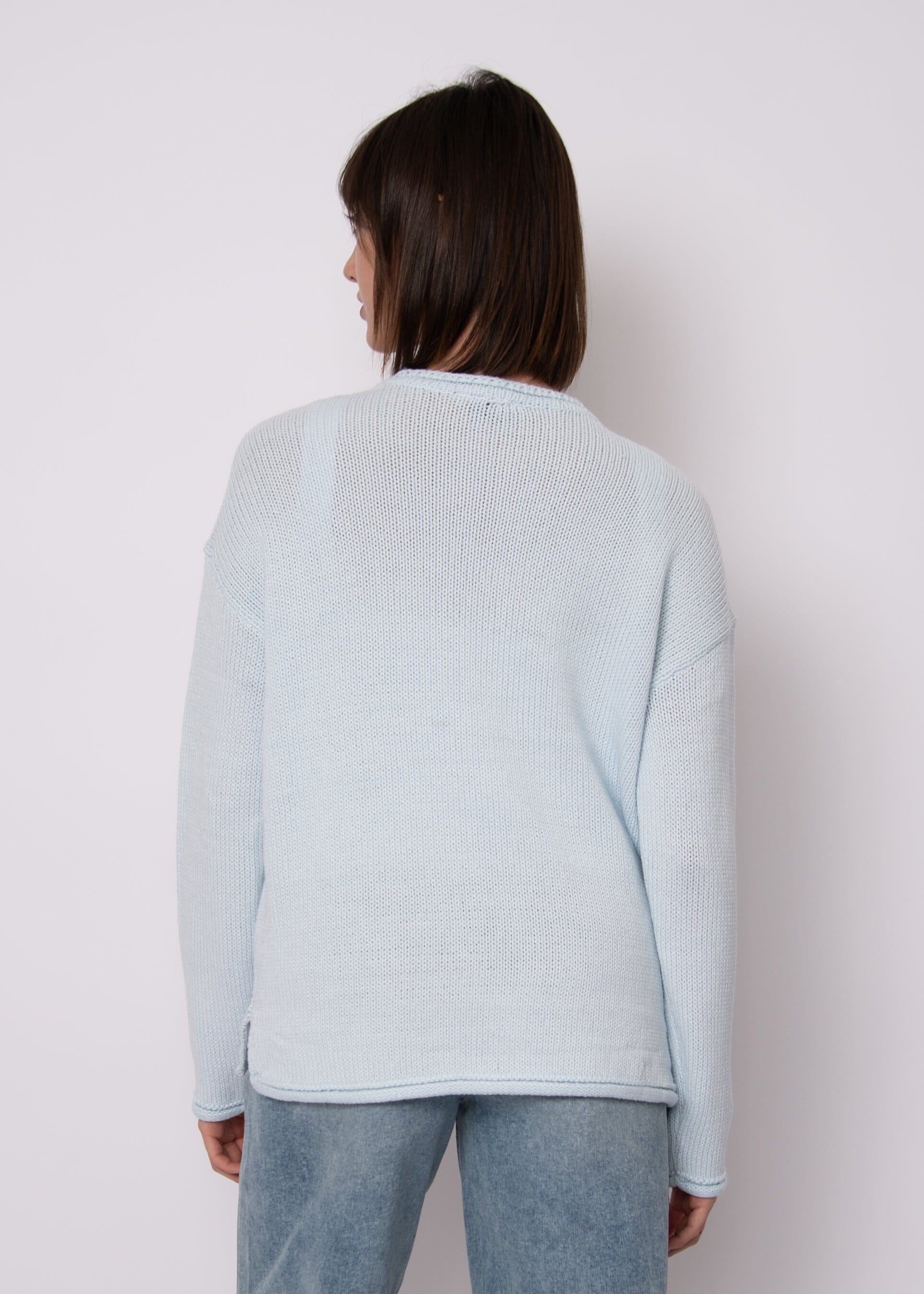 minimal chic blue knit, soft woven blue sweater women, classic crew neck knit blue