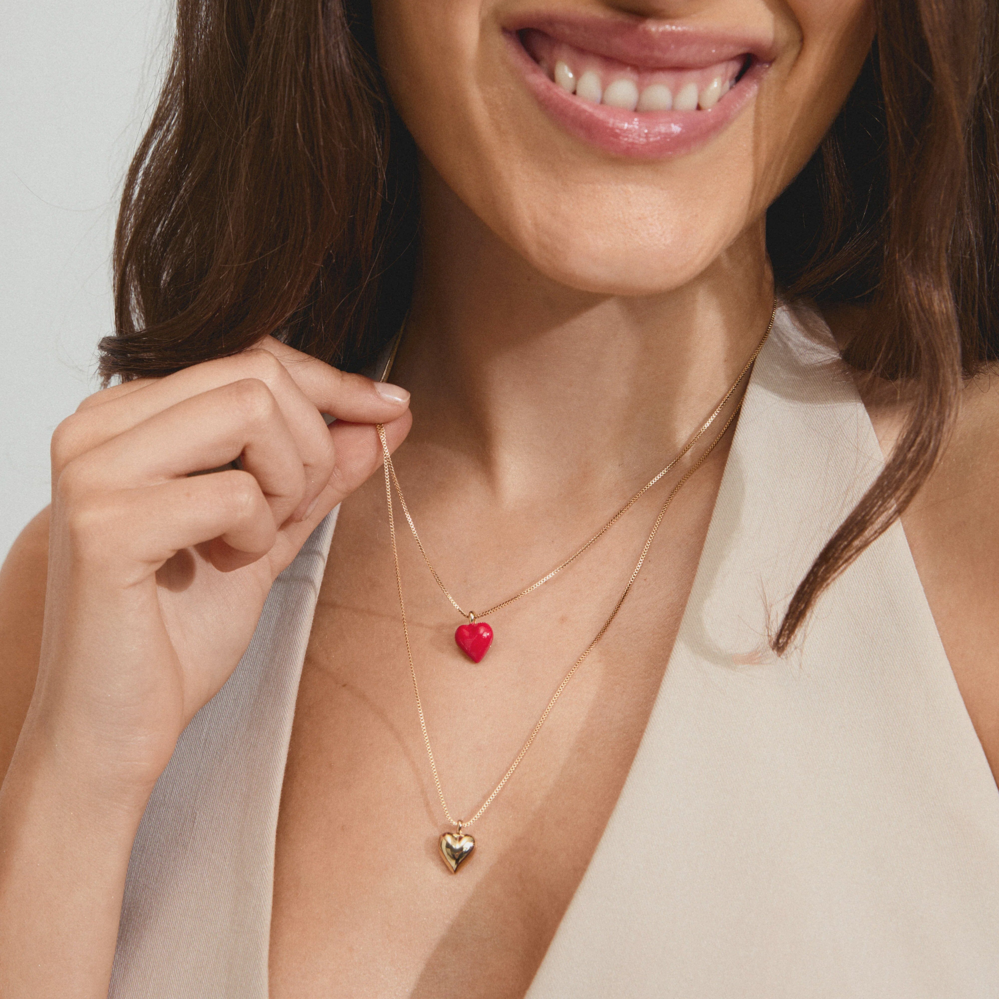 gold plated layered heart necklace, double heart necklace set, red heart charm necklace gold plated, 2 in 1 gold necklace set