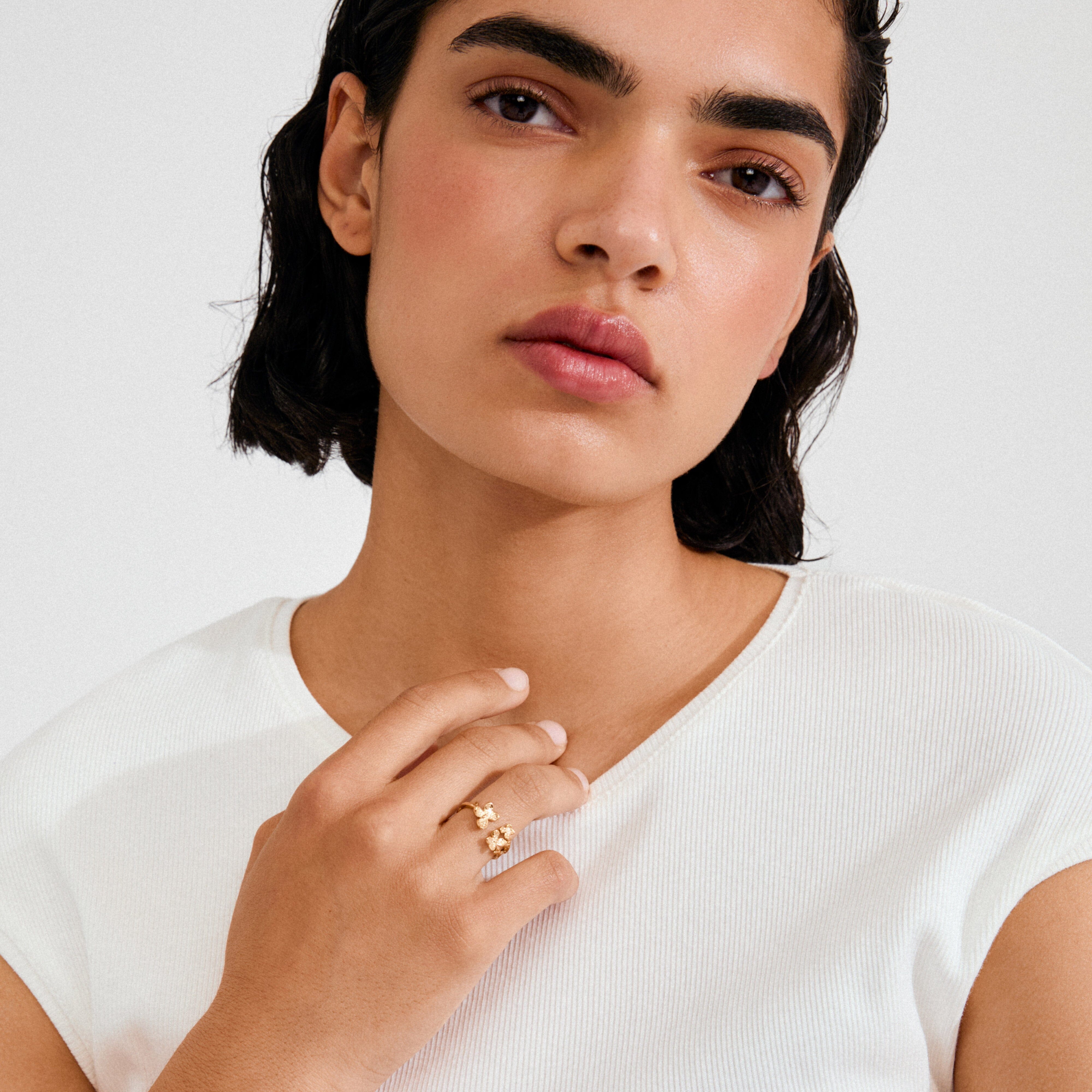 delicate statement ring, modern floral jewelry, everyday gold ring, layering ring gold plated