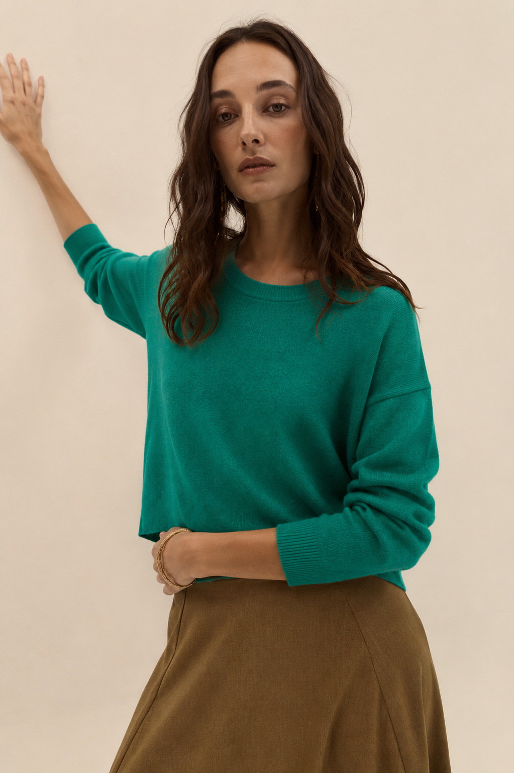 Deluc green crew neck sweater women front view with relaxed silhouette
