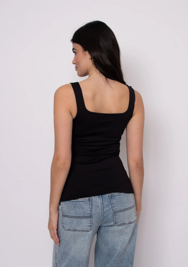 longer length camisole women black, sleek black summer tank women, casual fitted tank women black, polished basic tank women black, modern square neck top women black, versatile black sleeveless shirt women, comfortable stretch tank women black, clean square neck tank women black