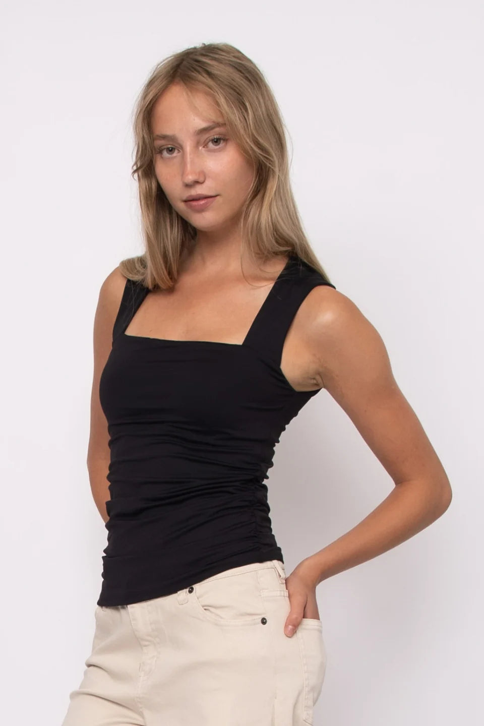 SELENE SQUARE NECK RUCHED TANK- BLACK