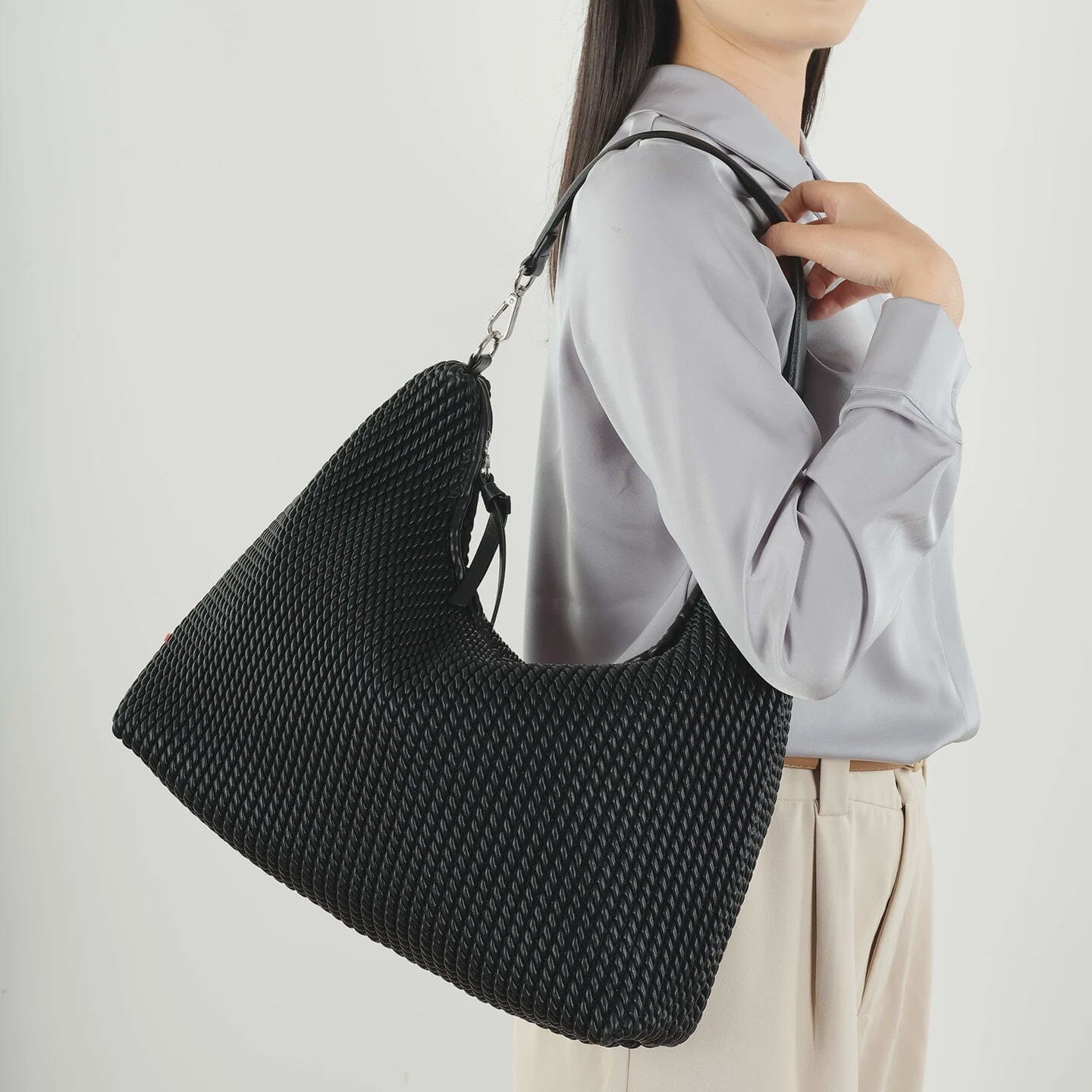 Textured Black Shoulder Bag for Women | Slouch Woven Handbag | LORDON