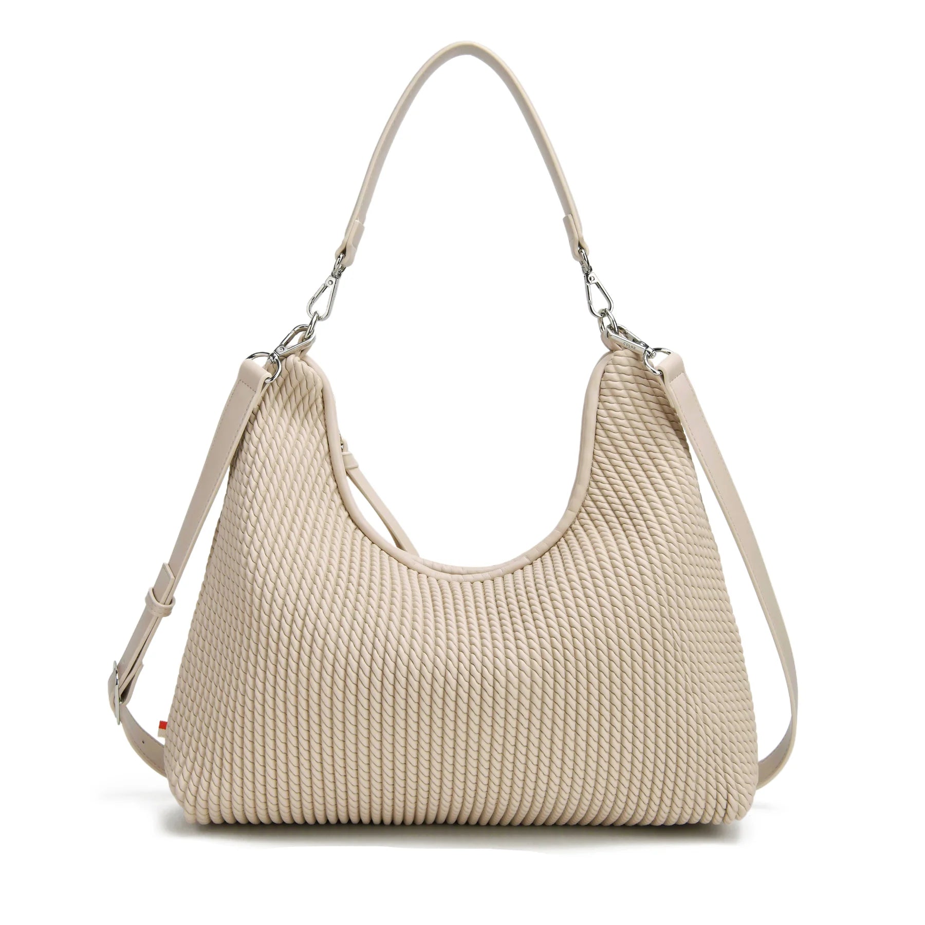 woven look shoulder bag, lightweight slouch bag, adjustable strap handbag, modern neutral purse, soft structure handbag