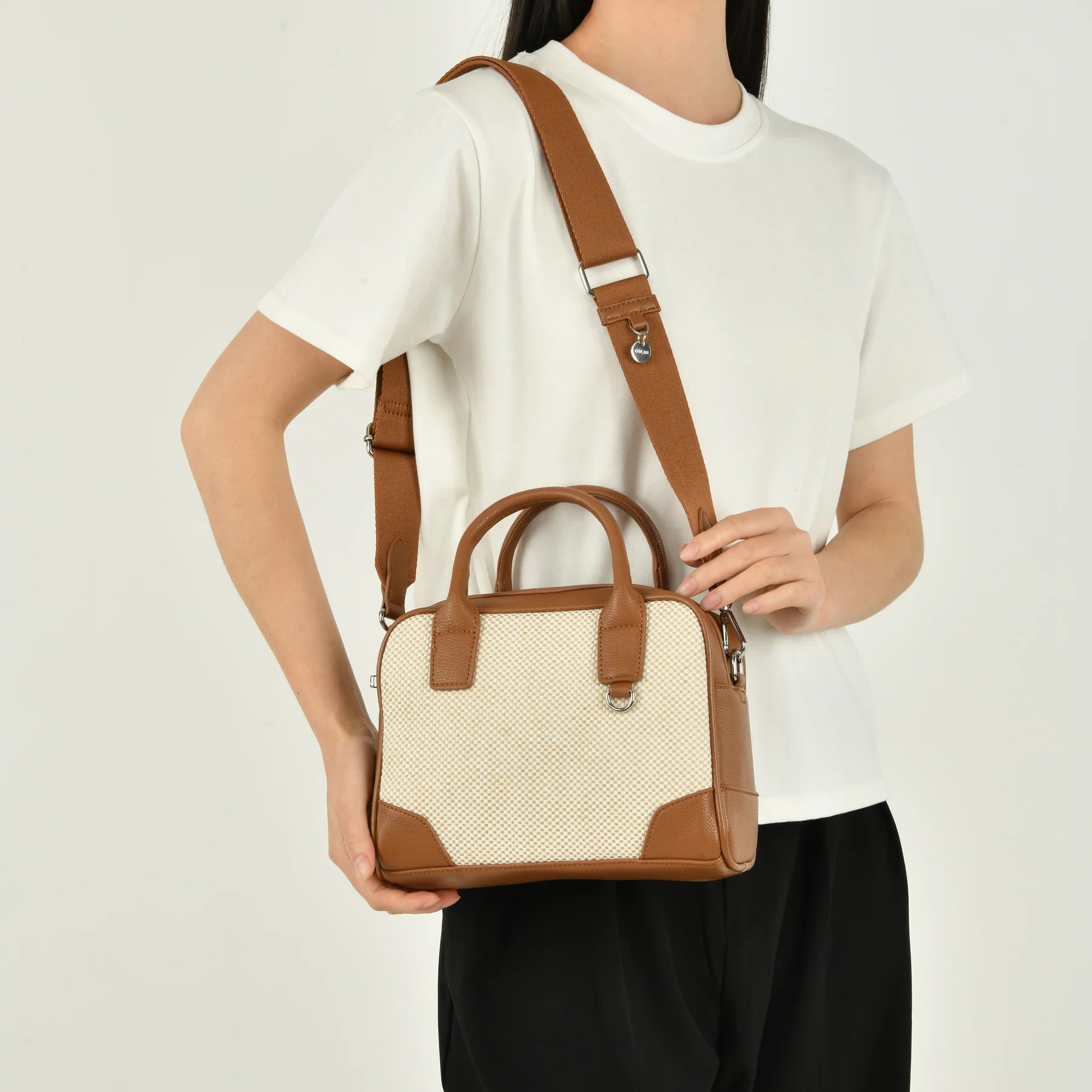 compact satchel bag, neutral summer handbag