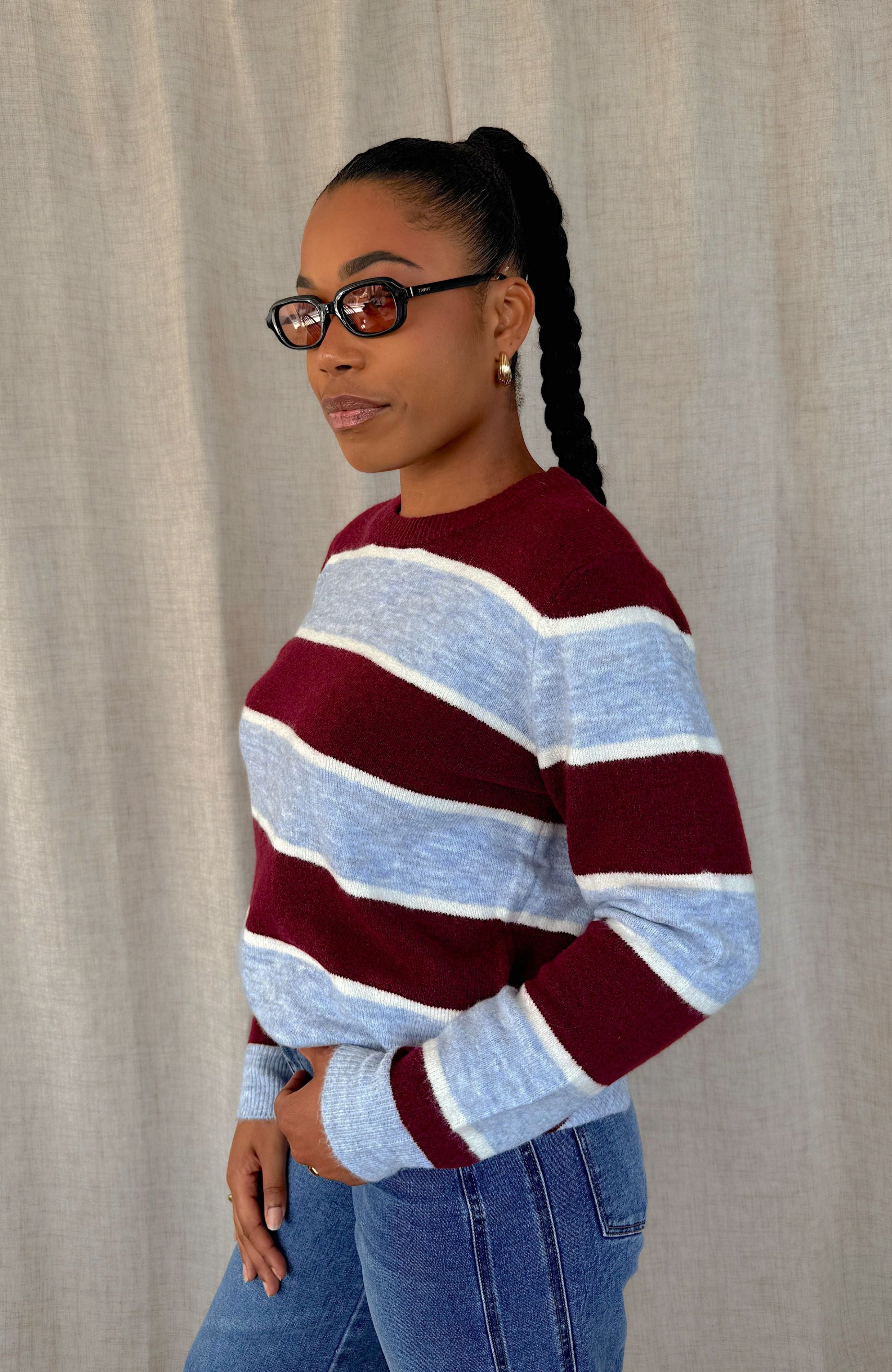 LIGHT KNIT STRIPE SWEATER (BURGUNDY+BLUE)