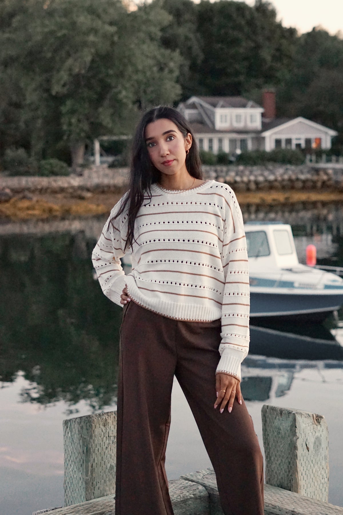 ELODIE POINTELLE STRIPE SWEATER